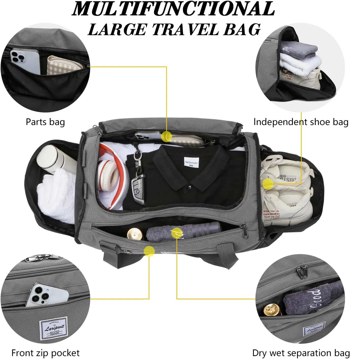 Laripwit Gym Bags for Men, 40L Medium Sports Travel Duffel Bag with Shoe Compartment & Wet Pocket Lightweight Gym Duffle Bag Backpack Multipurpose Weekender Overnight Backpack for Women, Gray