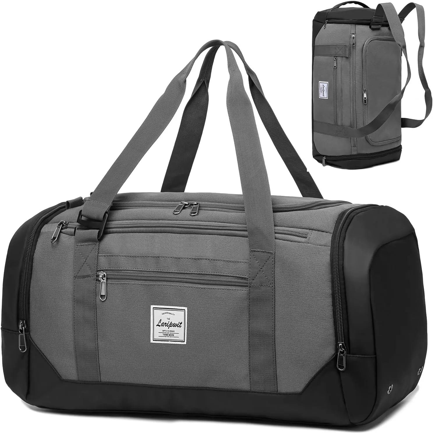 Laripwit Gym Bags for Men, 40L Medium Sports Travel Duffel Bag with Shoe Compartment & Wet Pocket Lightweight Gym Duffle Bag Backpack Multipurpose Weekender Overnight Backpack for Women, Gray