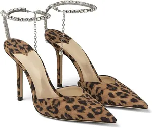 LauraVicci Women's Heeled Sandals Crystal Chain Ankle Straps Rhinestones Buckle High Heels Stiletto Slip On Wedding Party Satin Dress Shoes