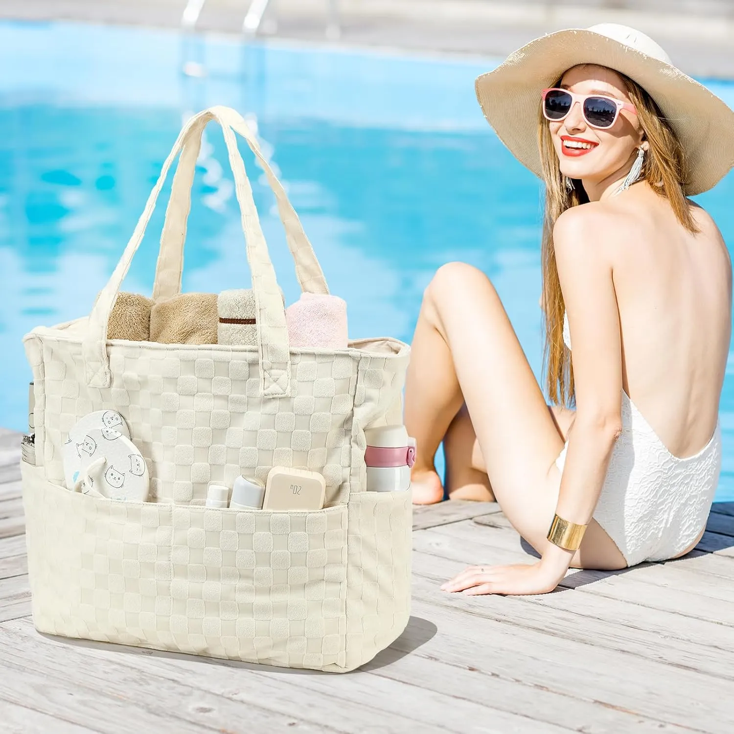 LEDAOU Large Beach Tote Bag Women Waterproof Sandproof Zipper Beach Tote Bag for Pool Gym Grocery Travel with Wet Pocket