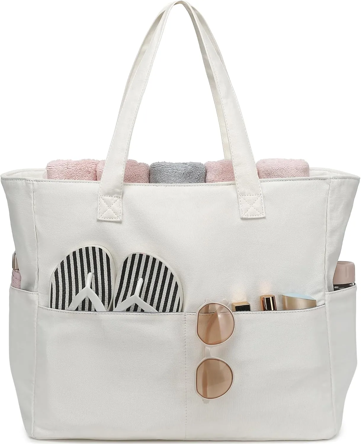 LEDAOU Large Beach Tote Bag Women Waterproof Sandproof Zipper Beach Tote Bag for Pool Gym Grocery Travel with Wet Pocket