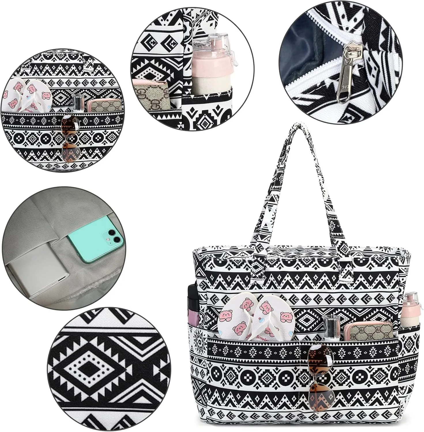 LEDAOU Large Beach Tote Bag Women Waterproof Sandproof Zipper Beach Tote Bag for Pool Gym Grocery Travel with Wet Pocket