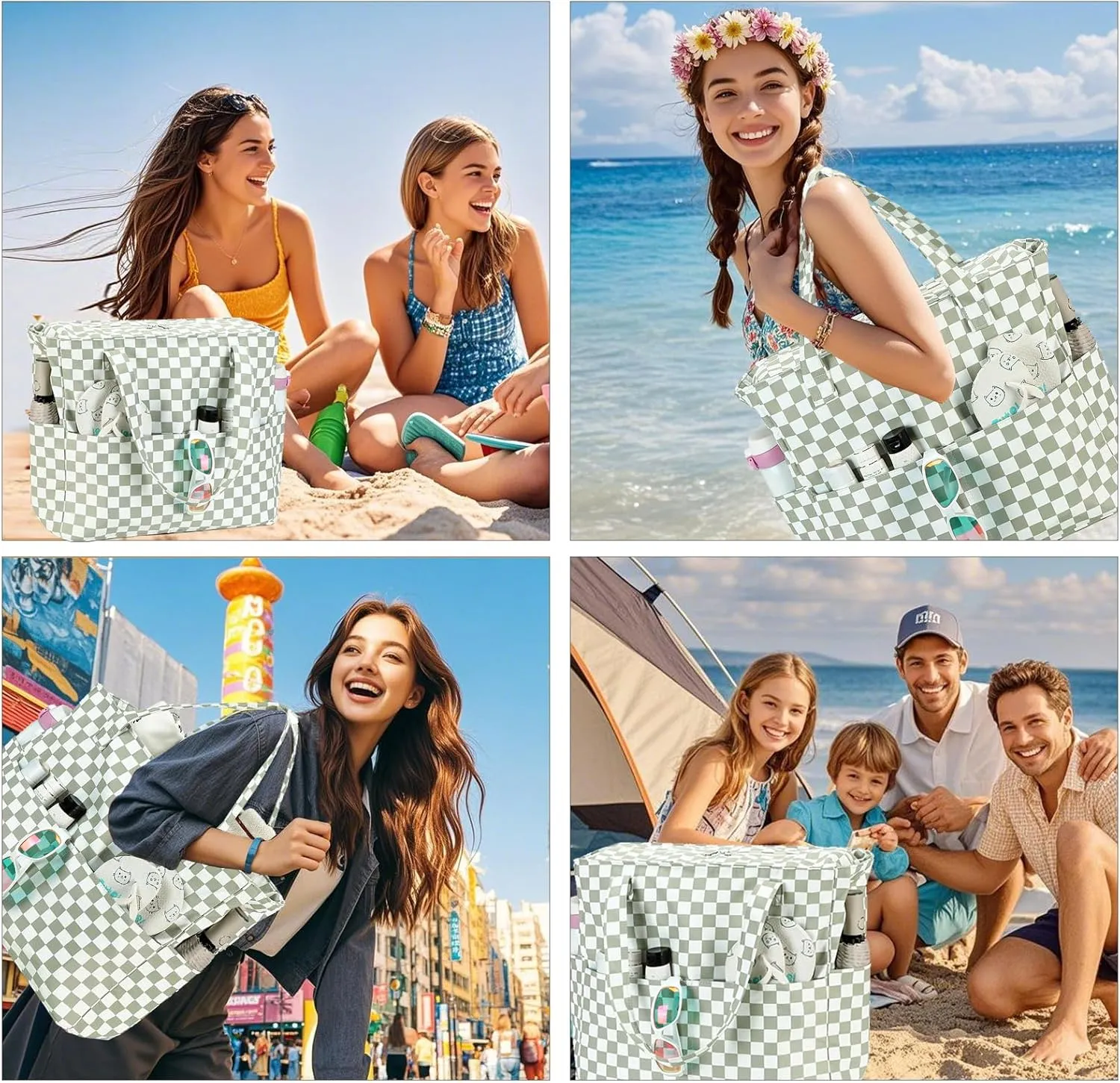 LEDAOU Large Beach Tote Bag Women Waterproof Sandproof Zipper Beach Tote Bag for Pool Gym Grocery Travel with Wet Pocket