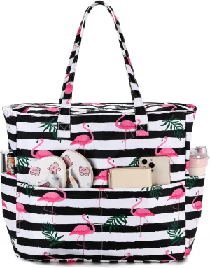 LEDAOU Large Beach Tote Bag Women Waterproof Sandproof Zipper Beach Tote Bag for Pool Gym Grocery Travel with Wet Pocket