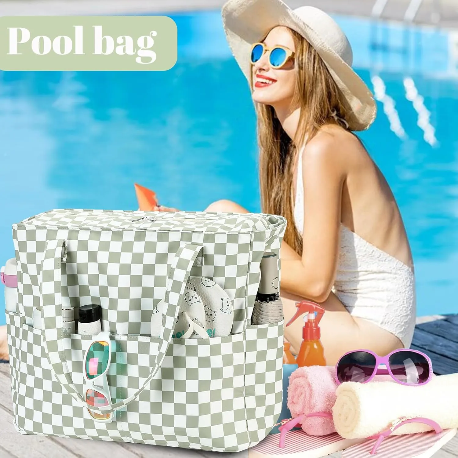 LEDAOU Large Beach Tote Bag Women Waterproof Sandproof Zipper Beach Tote Bag for Pool Gym Grocery Travel with Wet Pocket