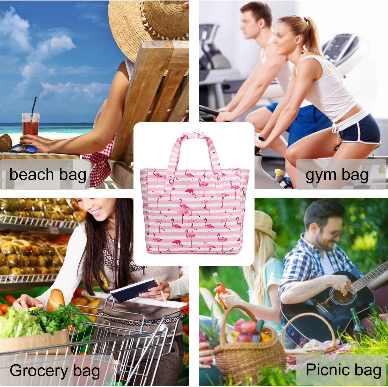 LEDAOU Large Beach Tote Bag Women Waterproof Sandproof Zipper Beach Tote Bag for Pool Gym Grocery Travel with Wet Pocket