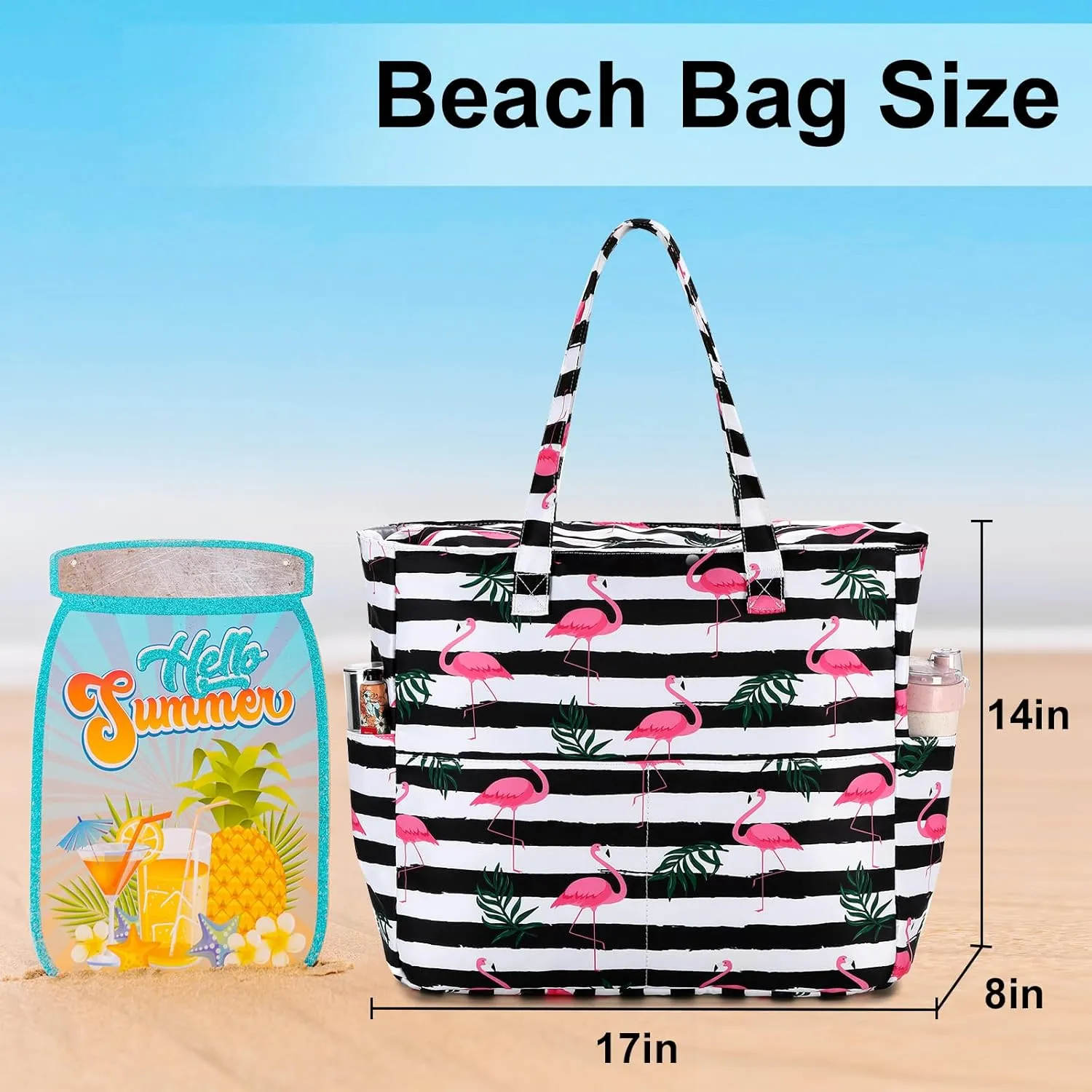 LEDAOU Large Beach Tote Bag Women Waterproof Sandproof Zipper Beach Tote Bag for Pool Gym Grocery Travel with Wet Pocket