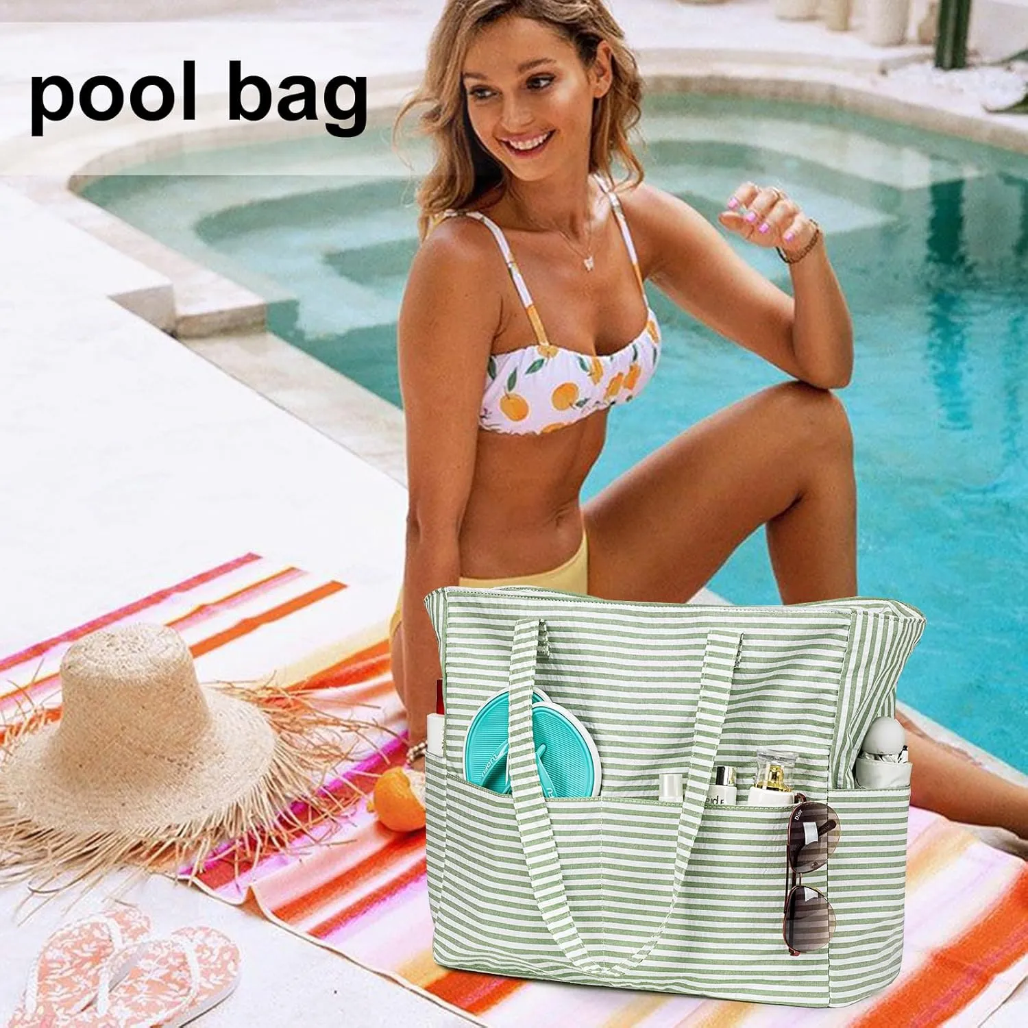 LEDAOU Large Beach Tote Bag Women Waterproof Sandproof Zipper Beach Tote Bag for Pool Gym Grocery Travel with Wet Pocket