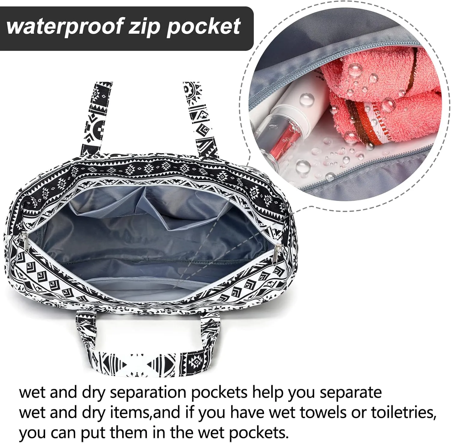 LEDAOU Large Beach Tote Bag Women Waterproof Sandproof Zipper Beach Tote Bag for Pool Gym Grocery Travel with Wet Pocket