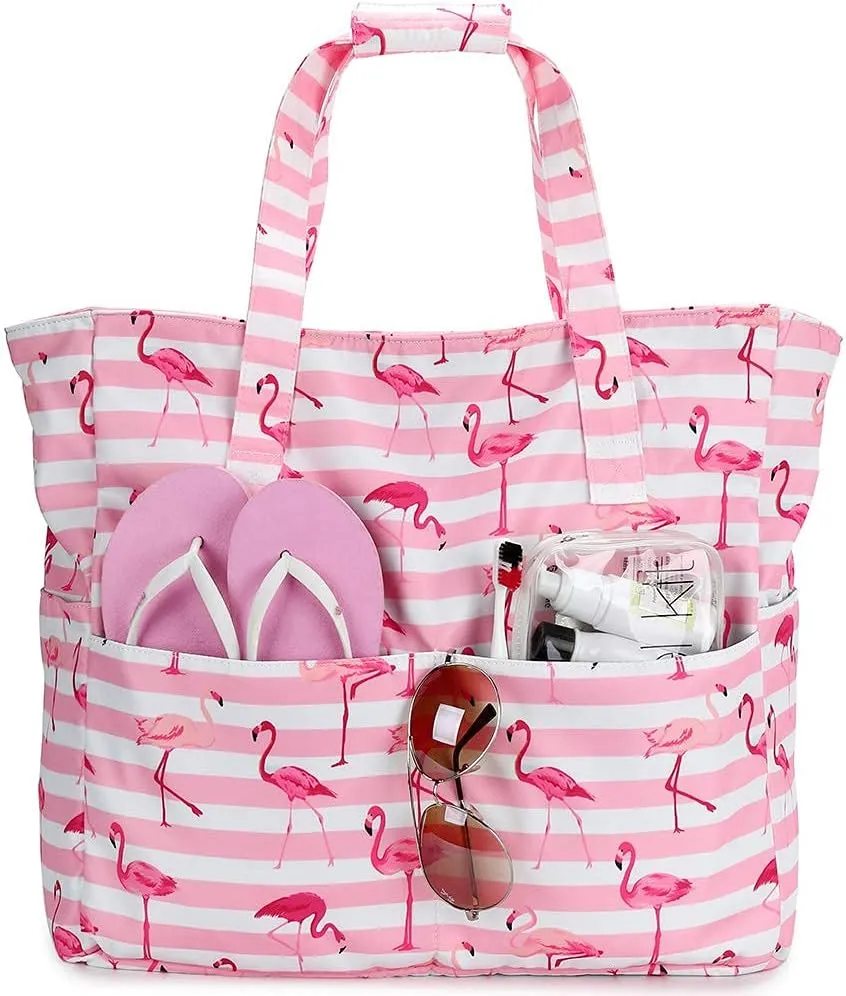 LEDAOU Large Beach Tote Bag Women Waterproof Sandproof Zipper Beach Tote Bag for Pool Gym Grocery Travel with Wet Pocket