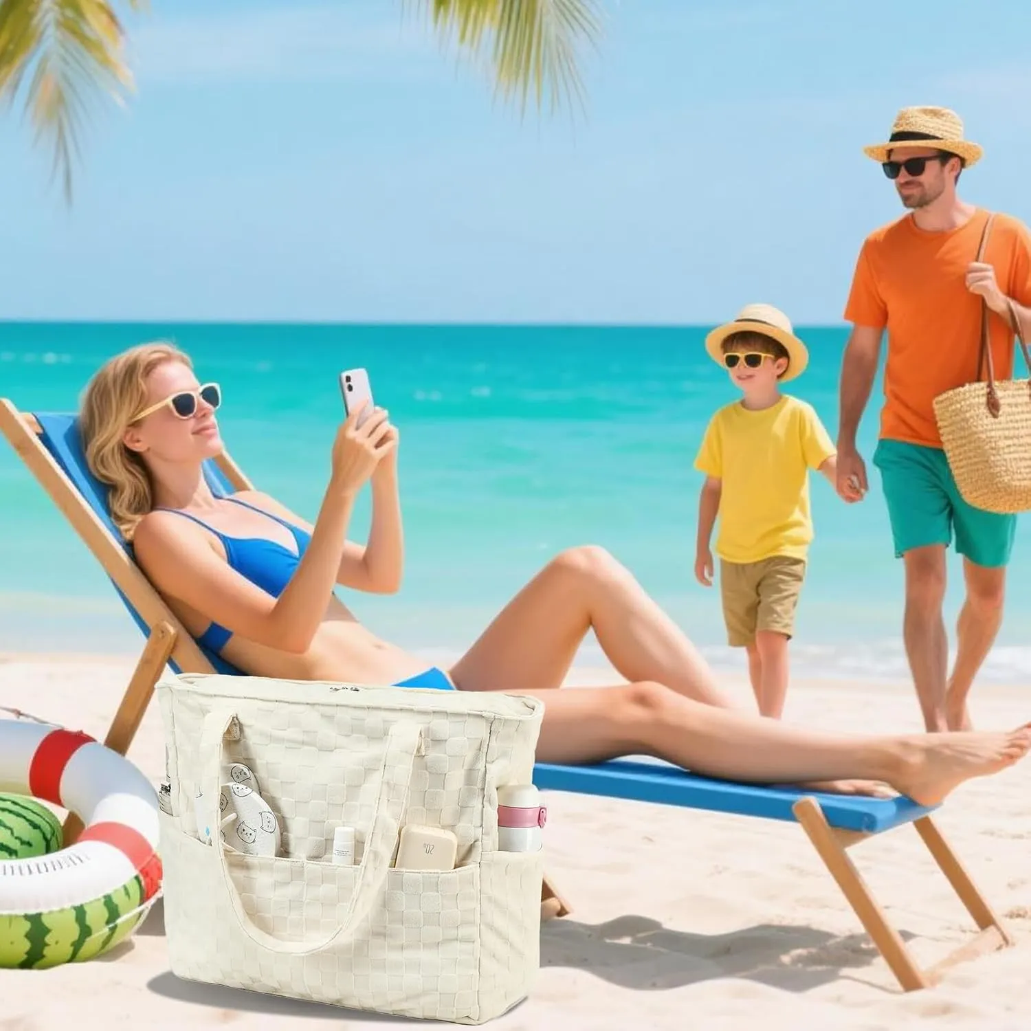 LEDAOU Large Beach Tote Bag Women Waterproof Sandproof Zipper Beach Tote Bag for Pool Gym Grocery Travel with Wet Pocket