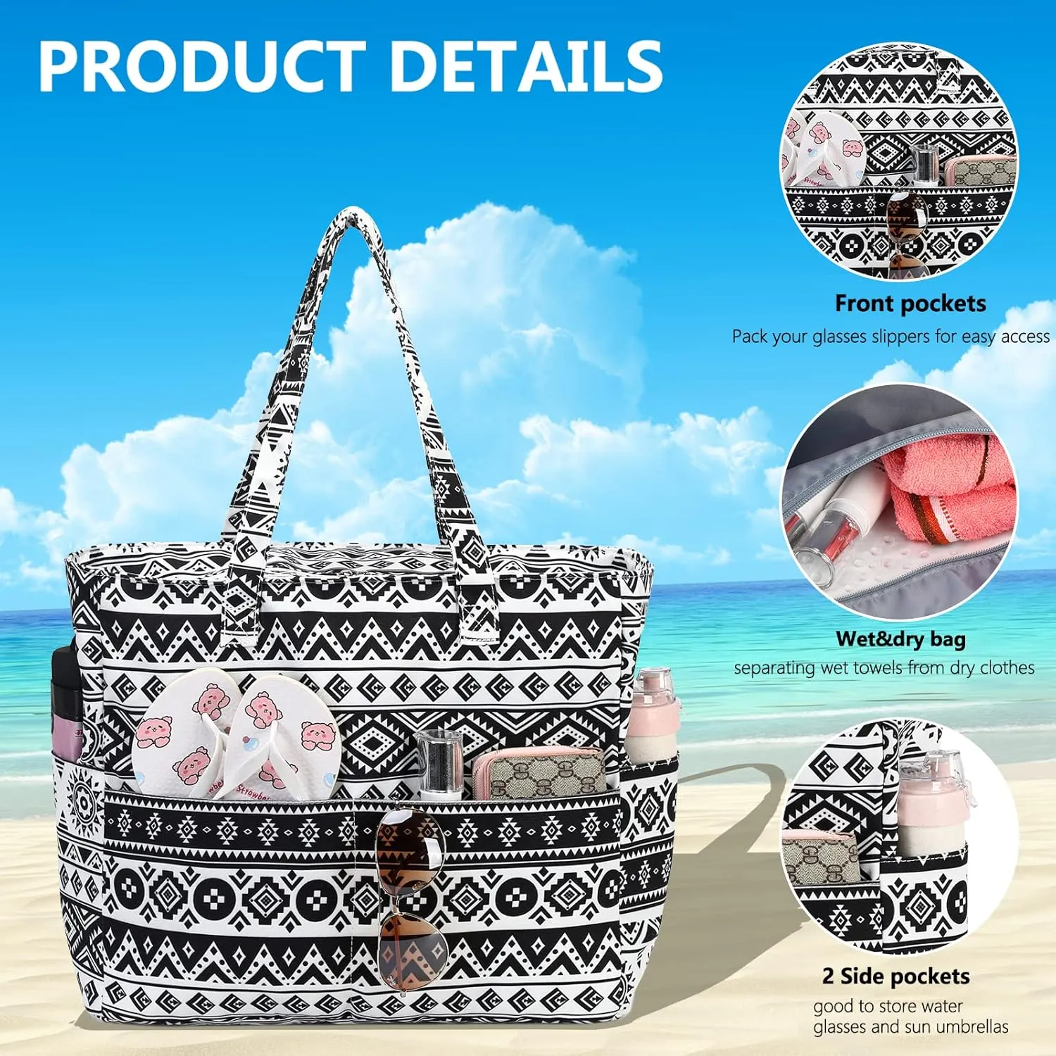 LEDAOU Large Beach Tote Bag Women Waterproof Sandproof Zipper Beach Tote Bag for Pool Gym Grocery Travel with Wet Pocket