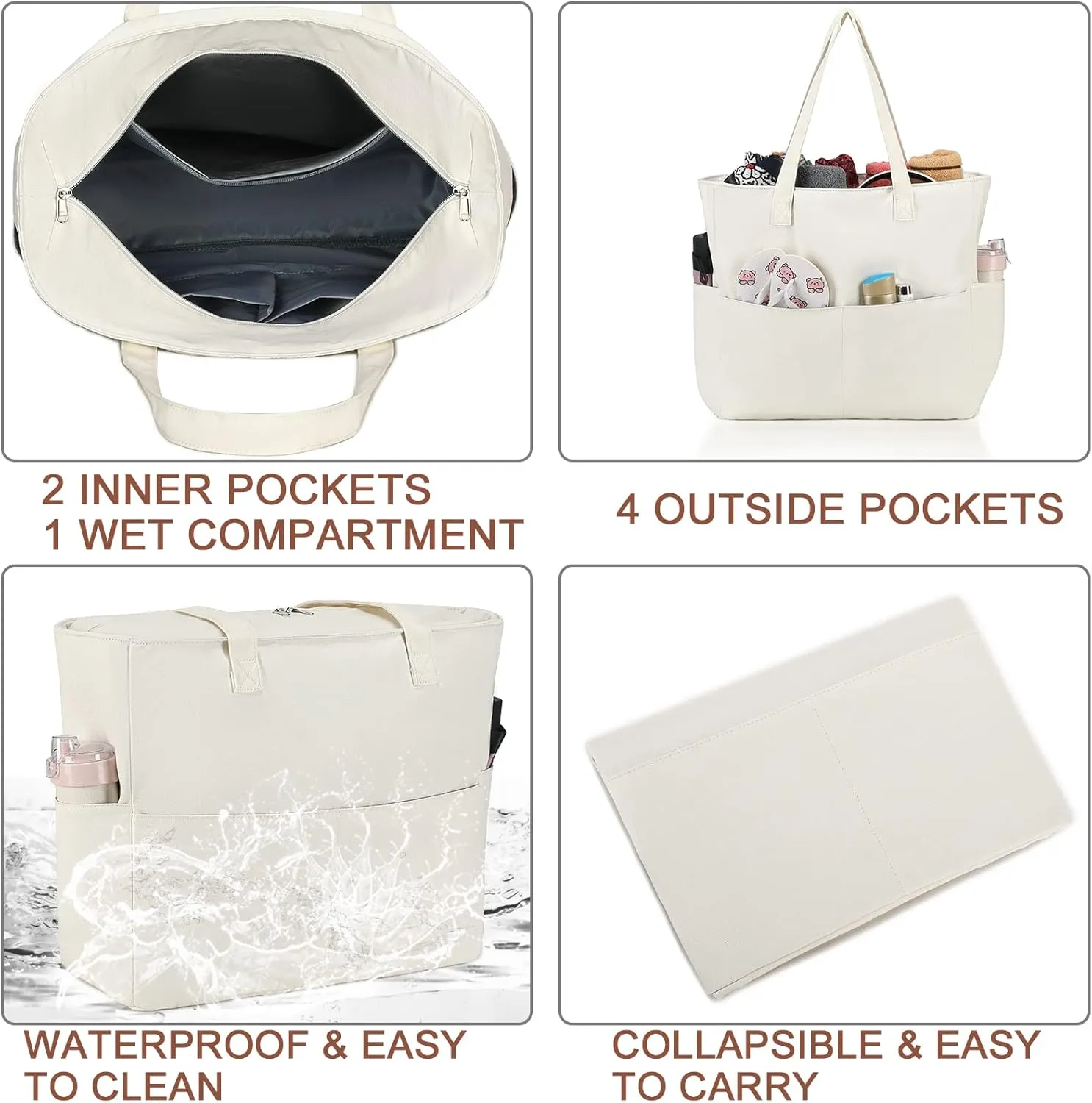 LEDAOU Large Beach Tote Bag Women Waterproof Sandproof Zipper Beach Tote Bag for Pool Gym Grocery Travel with Wet Pocket