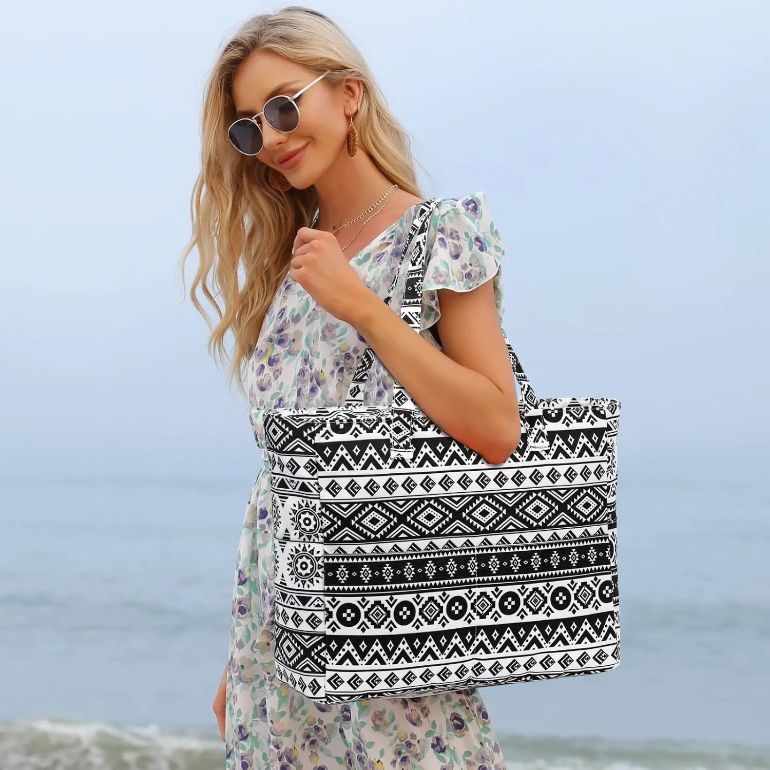 LEDAOU Large Beach Tote Bag Women Waterproof Sandproof Zipper Beach Tote Bag for Pool Gym Grocery Travel with Wet Pocket