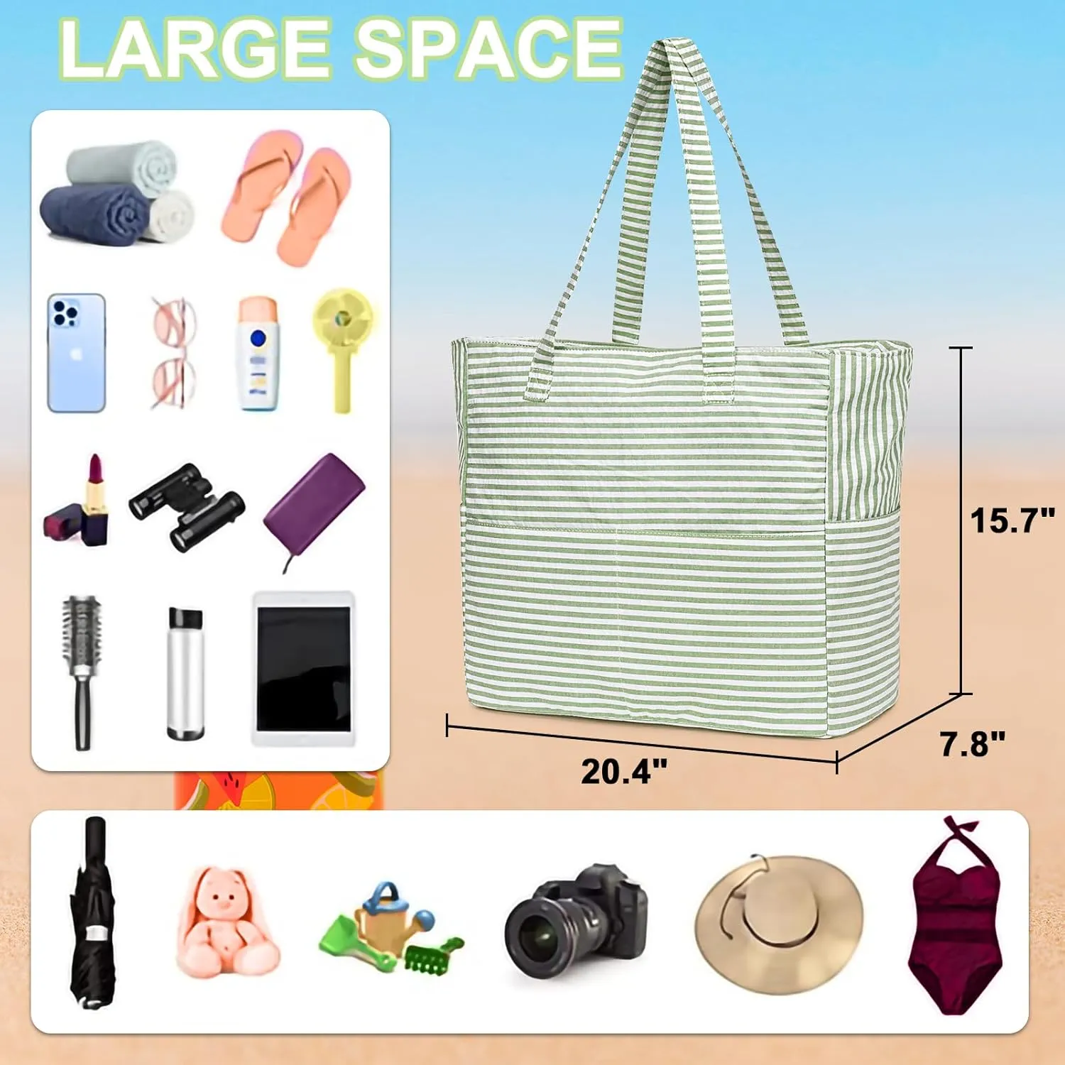 LEDAOU Large Beach Tote Bag Women Waterproof Sandproof Zipper Beach Tote Bag for Pool Gym Grocery Travel with Wet Pocket