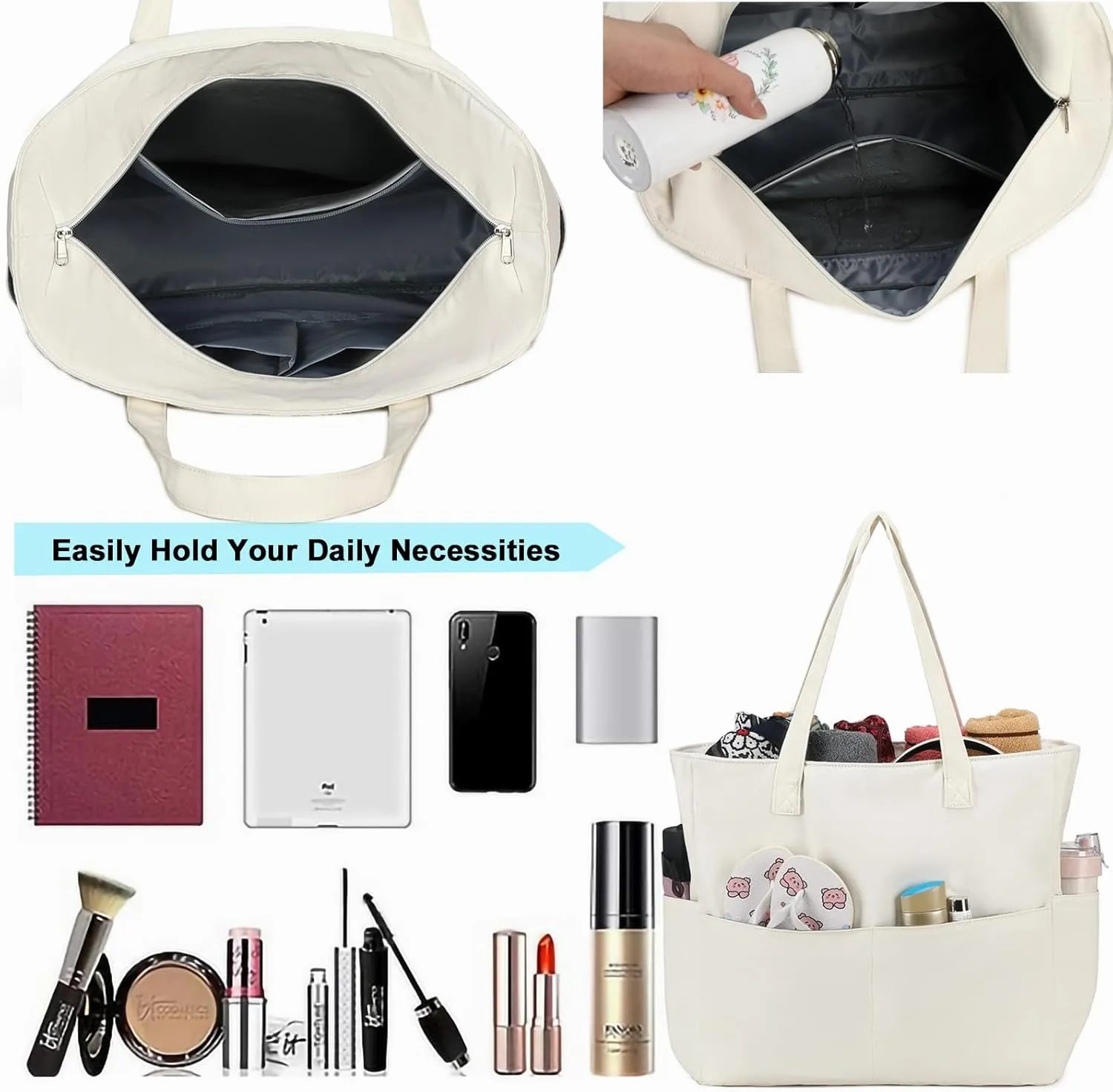 LEDAOU Large Beach Tote Bag Women Waterproof Sandproof Zipper Beach Tote Bag for Pool Gym Grocery Travel with Wet Pocket