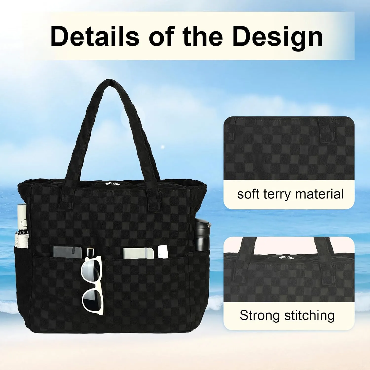 LEDAOU Large Beach Tote Bag Women Waterproof Sandproof Zipper Beach Tote Bag for Pool Gym Grocery Travel with Wet Pocket
