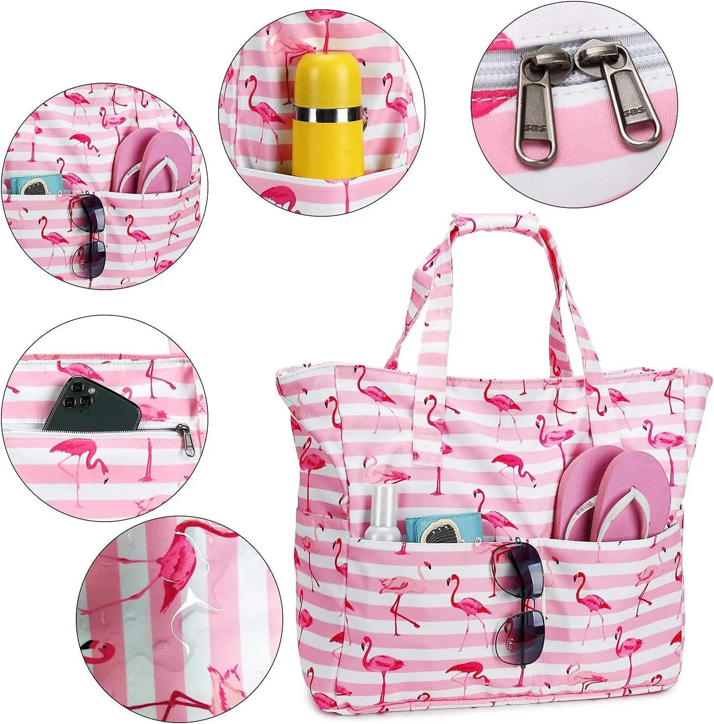 LEDAOU Large Beach Tote Bag Women Waterproof Sandproof Zipper Beach Tote Bag for Pool Gym Grocery Travel with Wet Pocket