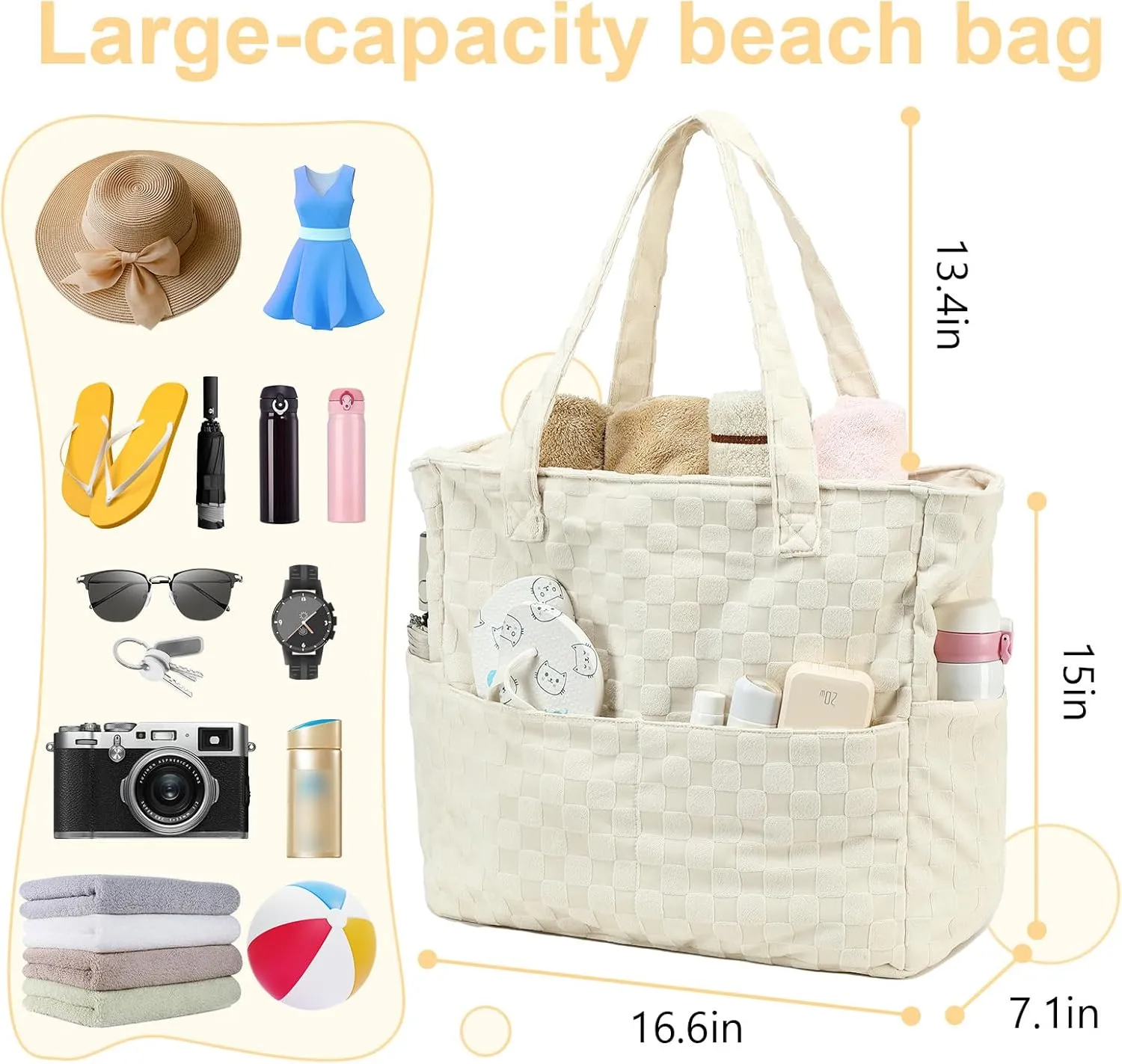 LEDAOU Large Beach Tote Bag Women Waterproof Sandproof Zipper Beach Tote Bag for Pool Gym Grocery Travel with Wet Pocket