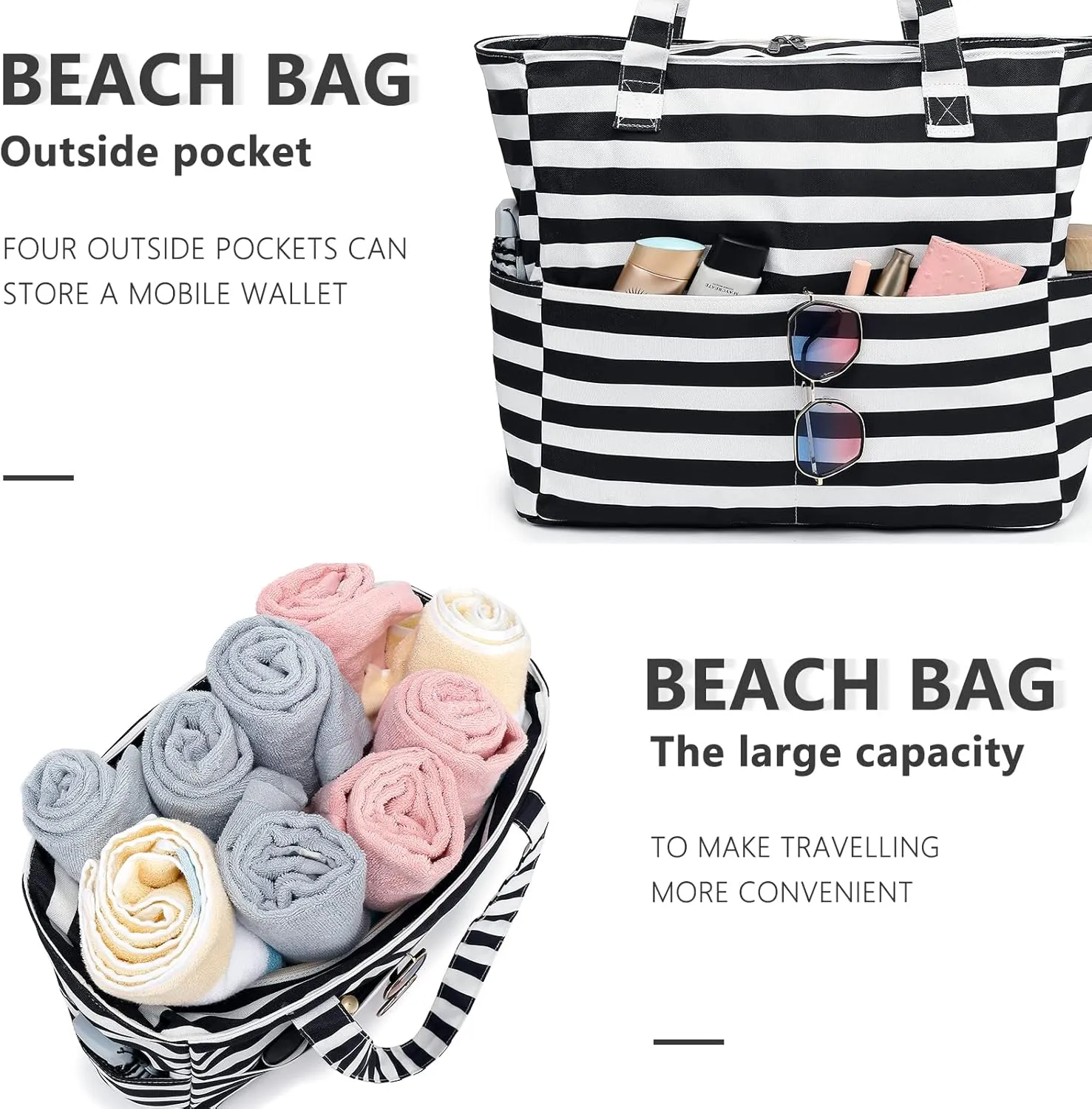LEDAOU Large Beach Tote Bag Women Waterproof Sandproof Zipper Beach Tote Bag for Pool Gym Grocery Travel with Wet Pocket