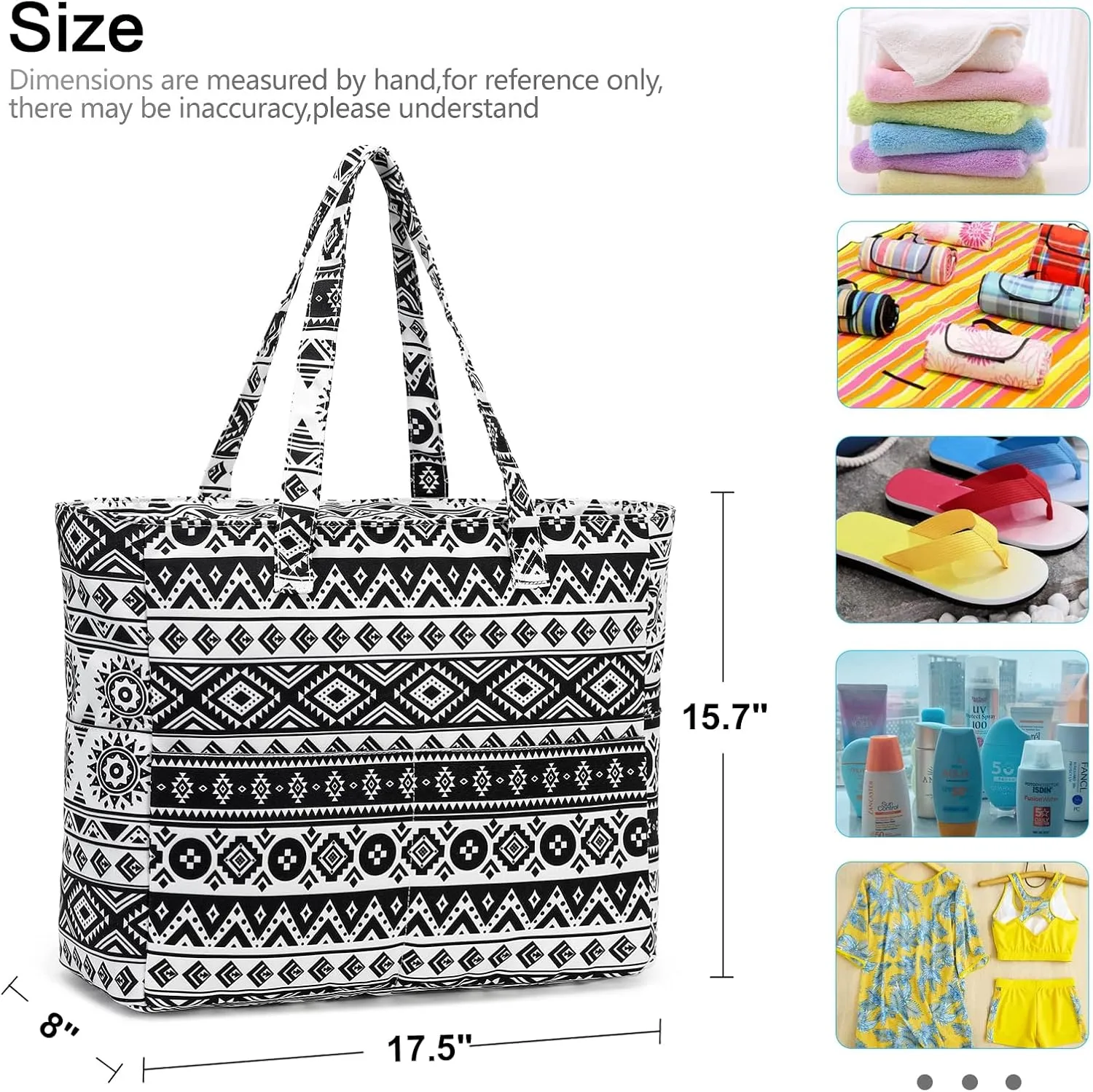 LEDAOU Large Beach Tote Bag Women Waterproof Sandproof Zipper Beach Tote Bag for Pool Gym Grocery Travel with Wet Pocket