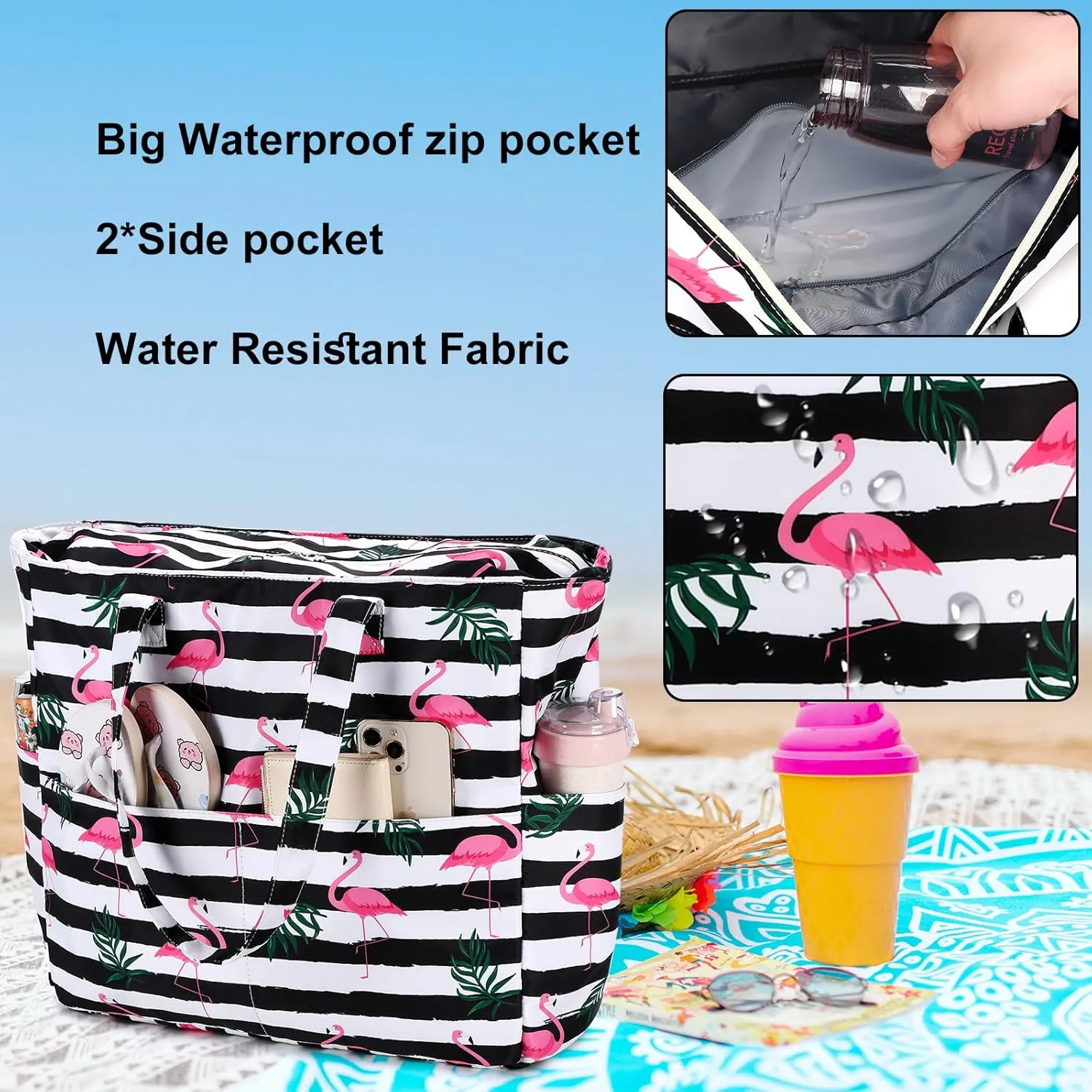 LEDAOU Large Beach Tote Bag Women Waterproof Sandproof Zipper Beach Tote Bag for Pool Gym Grocery Travel with Wet Pocket