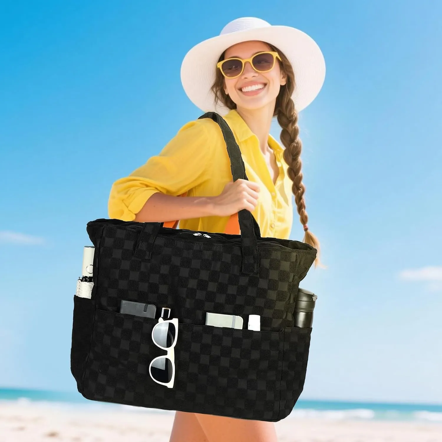 LEDAOU Large Beach Tote Bag Women Waterproof Sandproof Zipper Beach Tote Bag for Pool Gym Grocery Travel with Wet Pocket