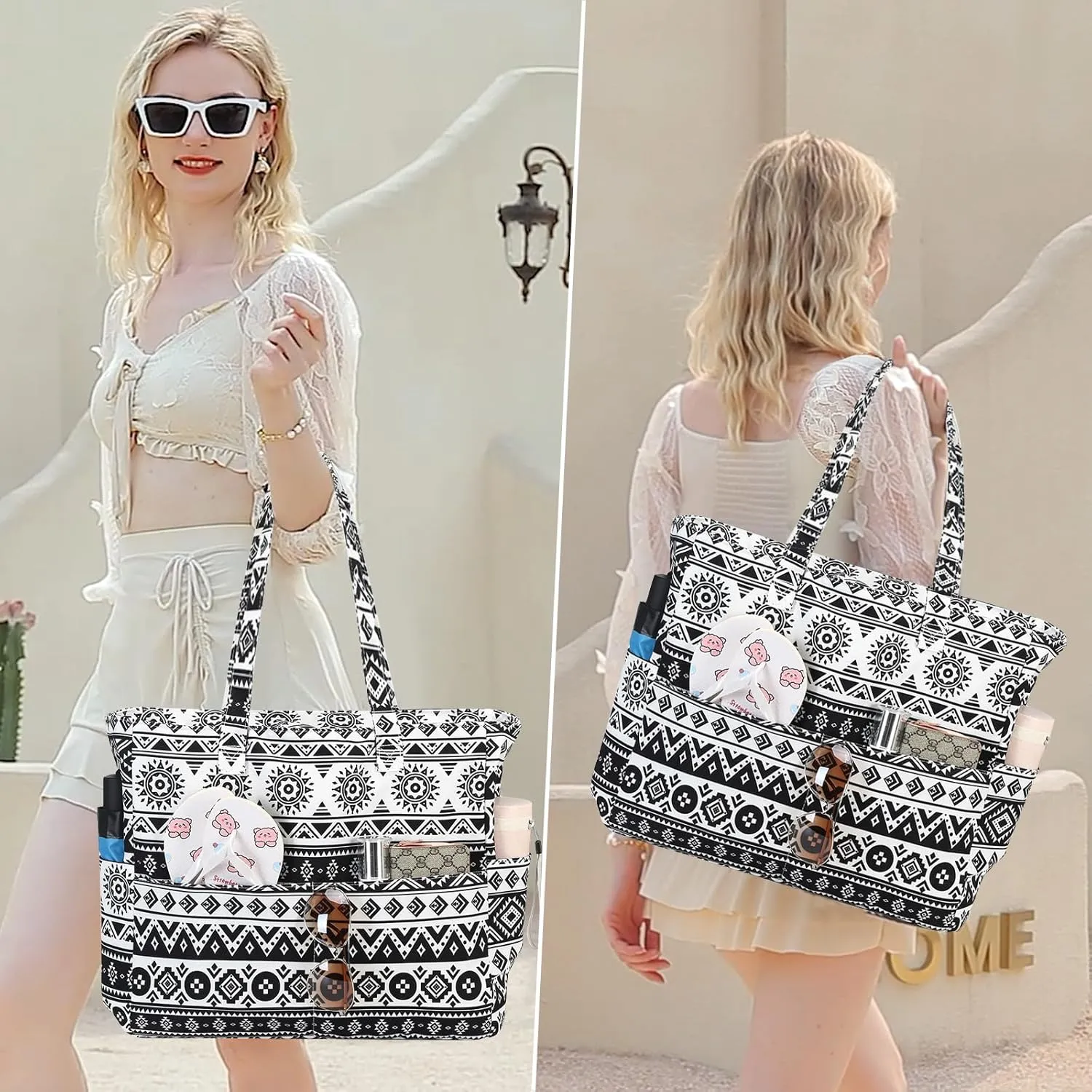 LEDAOU Large Beach Tote Bag Women Waterproof Sandproof Zipper Beach Tote Bag for Pool Gym Grocery Travel with Wet Pocket
