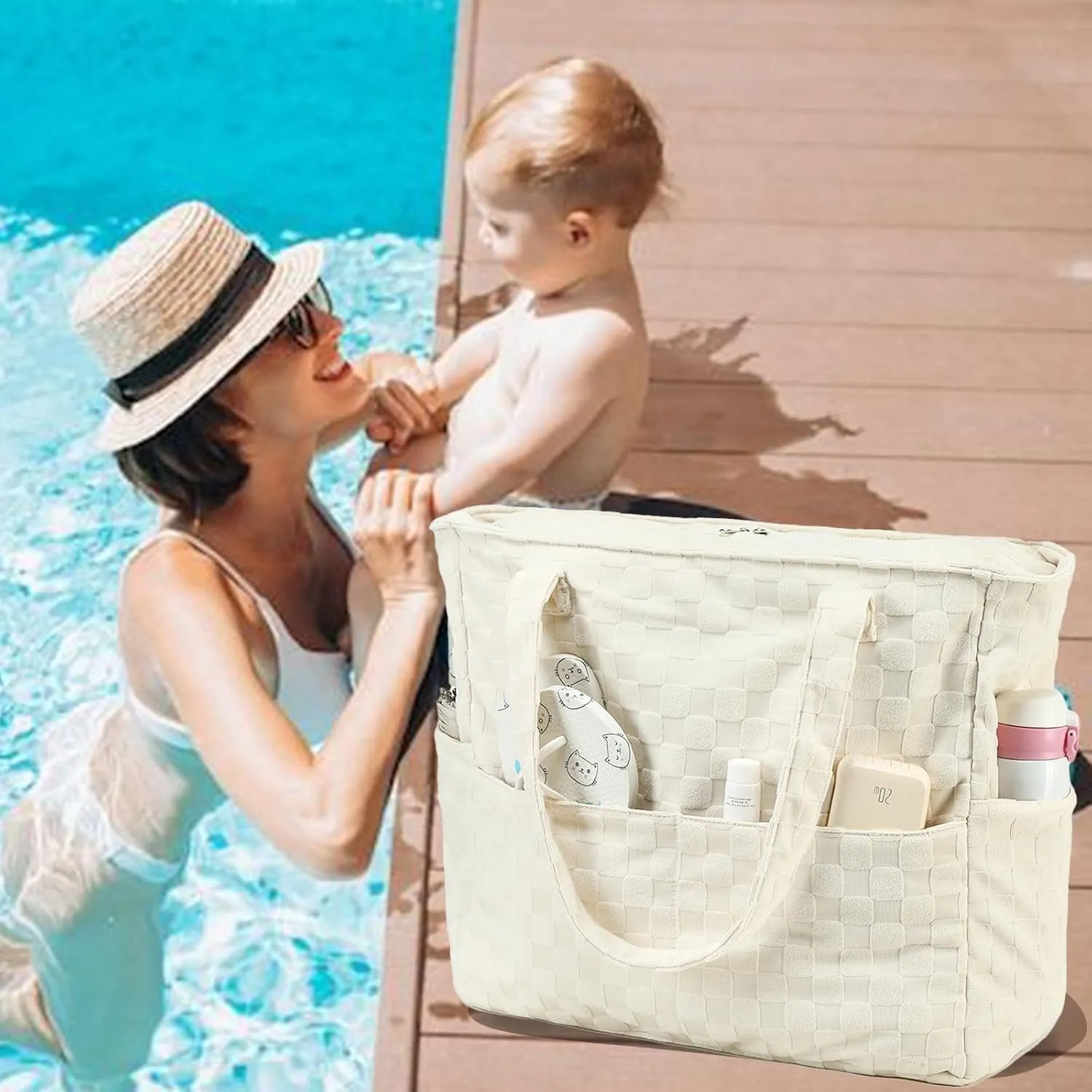 LEDAOU Large Beach Tote Bag Women Waterproof Sandproof Zipper Beach Tote Bag for Pool Gym Grocery Travel with Wet Pocket