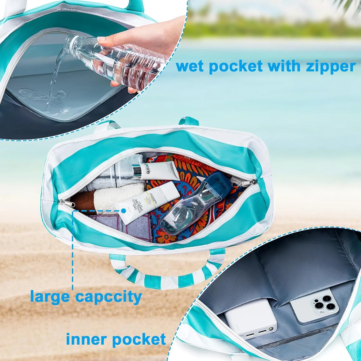 LEDAOU Large Beach Tote Bag Women Waterproof Sandproof Zipper Beach Tote Bag for Pool Gym Grocery Travel with Wet Pocket
