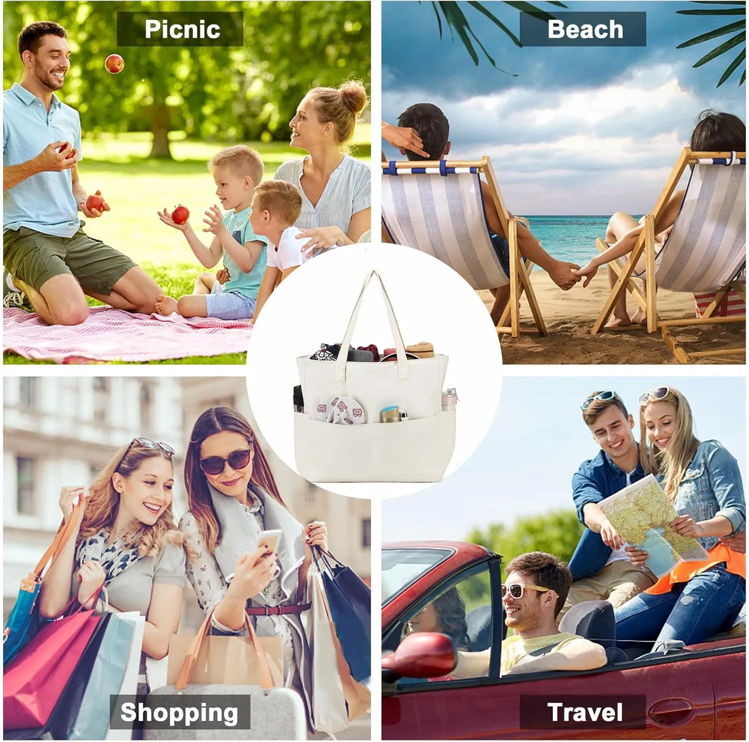 LEDAOU Large Beach Tote Bag Women Waterproof Sandproof Zipper Beach Tote Bag for Pool Gym Grocery Travel with Wet Pocket