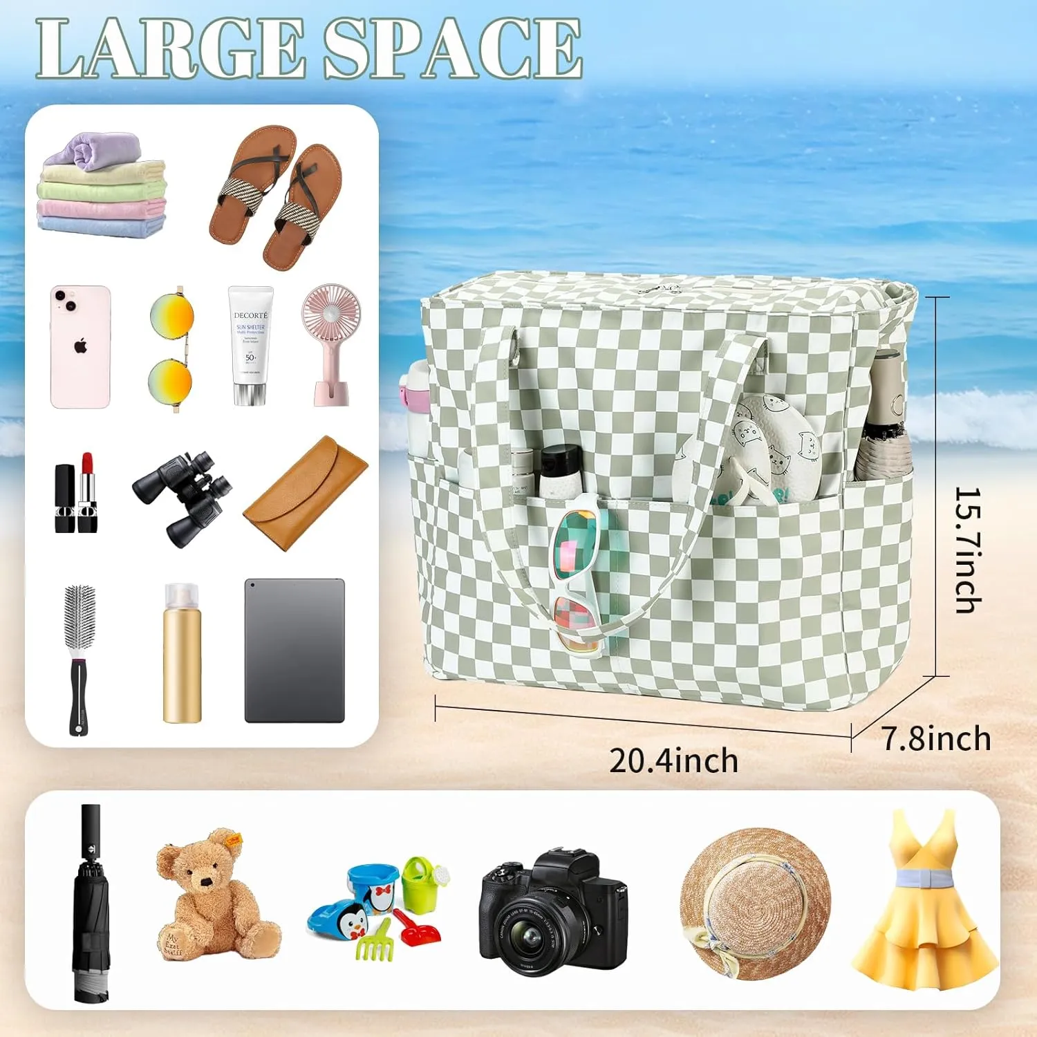 LEDAOU Large Beach Tote Bag Women Waterproof Sandproof Zipper Beach Tote Bag for Pool Gym Grocery Travel with Wet Pocket