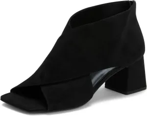 LEHOOR Women Chunky Heel Open Toe Booties Suede Side Cut-Out Ankle Boots Square Peep Toe 2 Inch Block Mid Heels Dress Heeled Sandal Booties Back Zipper Office Ladies Street Suede Black 8 M US