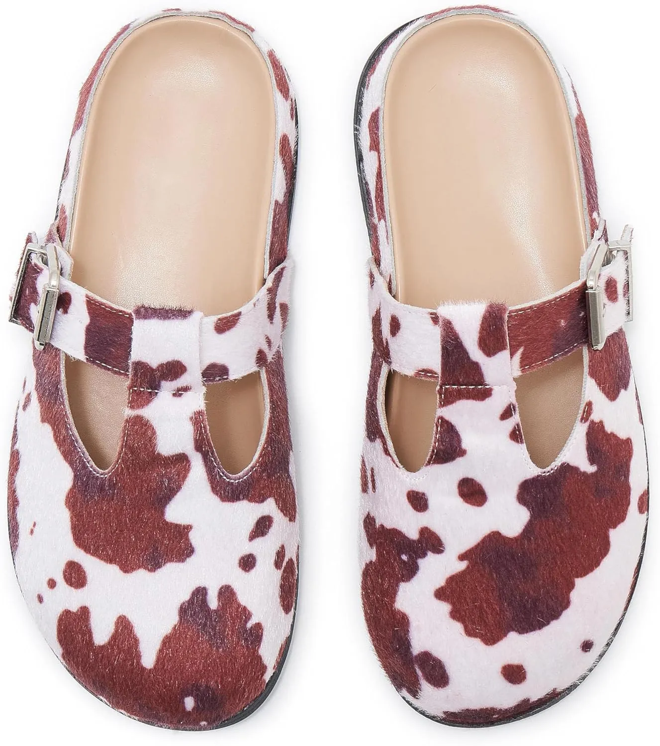Leopard Faux Calf Hair Mules for Women Round Toe Buckle Strap Platform Clogs Footbed Flatform Mule with Arch Support