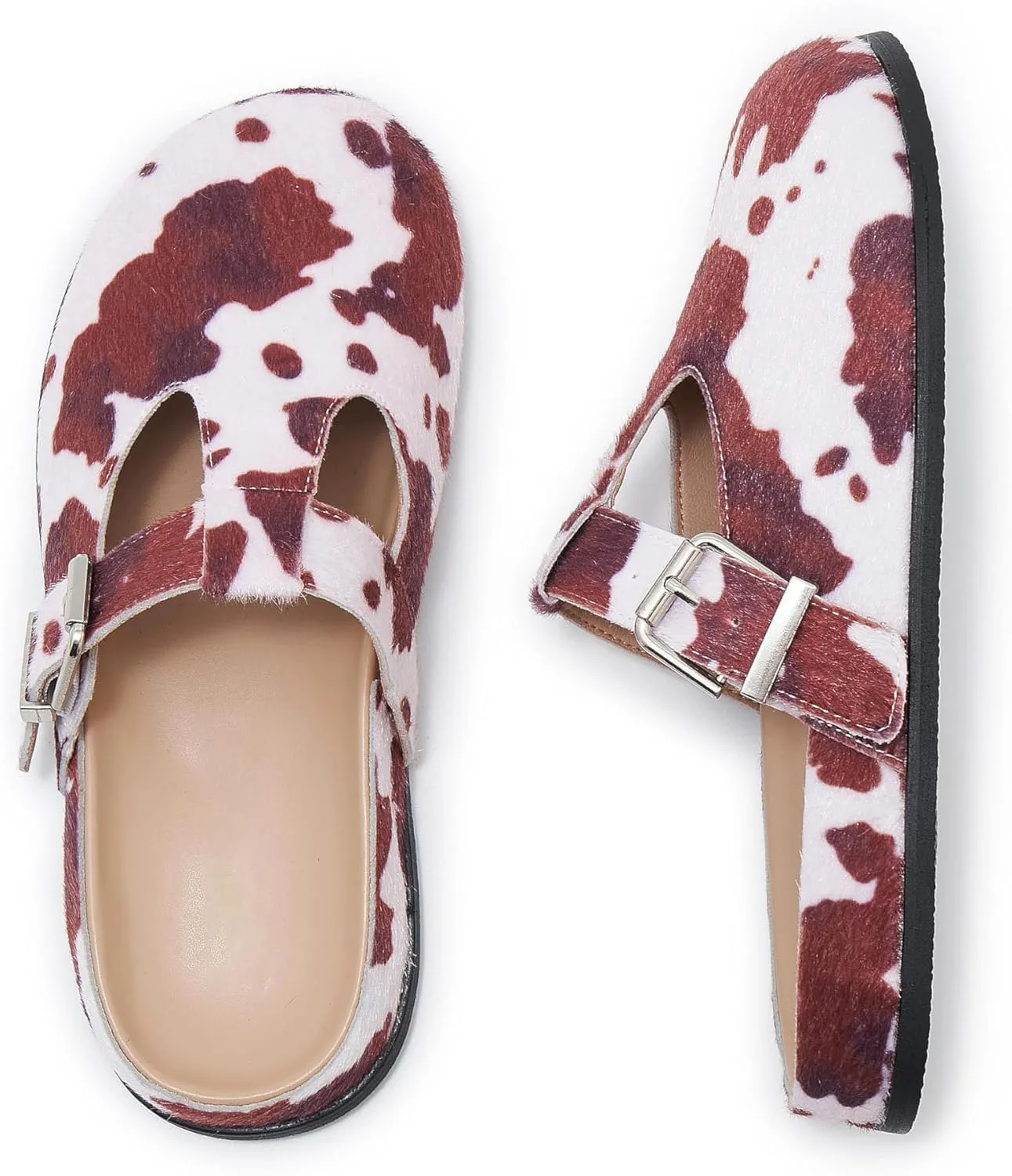 Leopard Faux Calf Hair Mules for Women Round Toe Buckle Strap Platform Clogs Footbed Flatform Mule with Arch Support