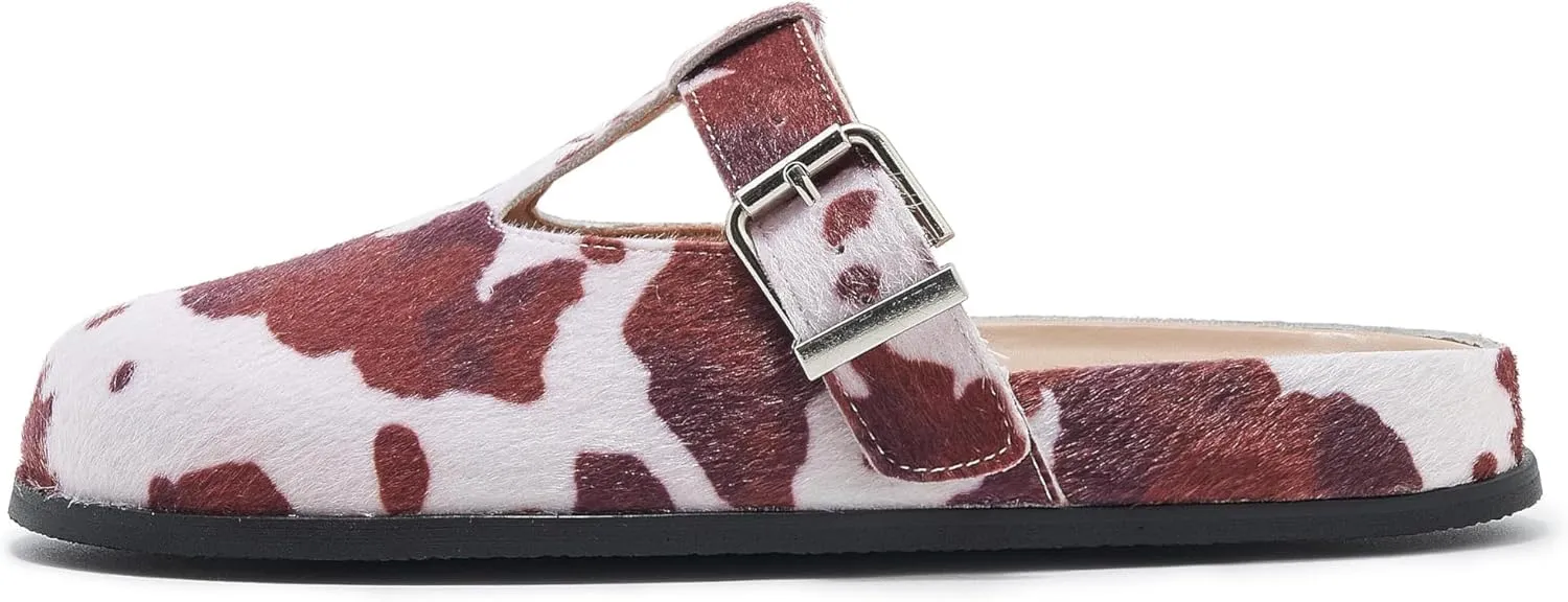 Leopard Faux Calf Hair Mules for Women Round Toe Buckle Strap Platform Clogs Footbed Flatform Mule with Arch Support