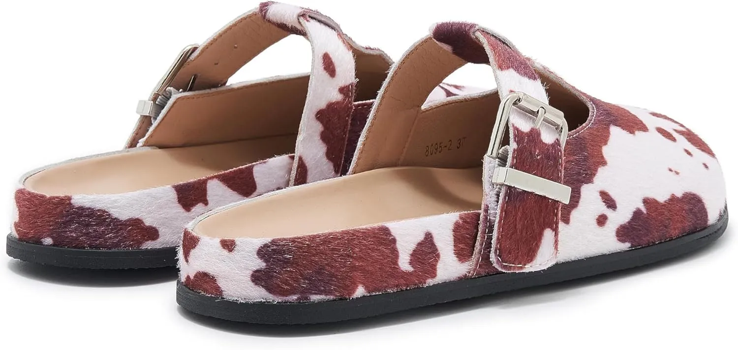 Leopard Faux Calf Hair Mules for Women Round Toe Buckle Strap Platform Clogs Footbed Flatform Mule with Arch Support