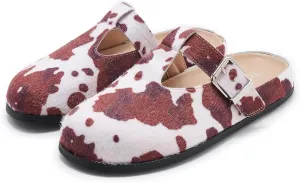 Leopard Faux Calf Hair Mules for Women Round Toe Buckle Strap Platform Clogs Footbed Flatform Mule with Arch Support