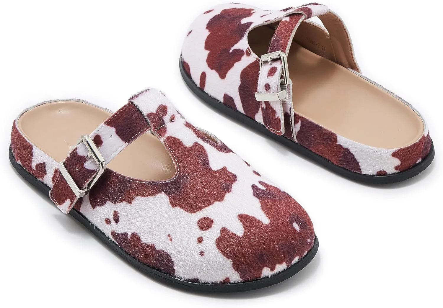 Leopard Faux Calf Hair Mules for Women Round Toe Buckle Strap Platform Clogs Footbed Flatform Mule with Arch Support