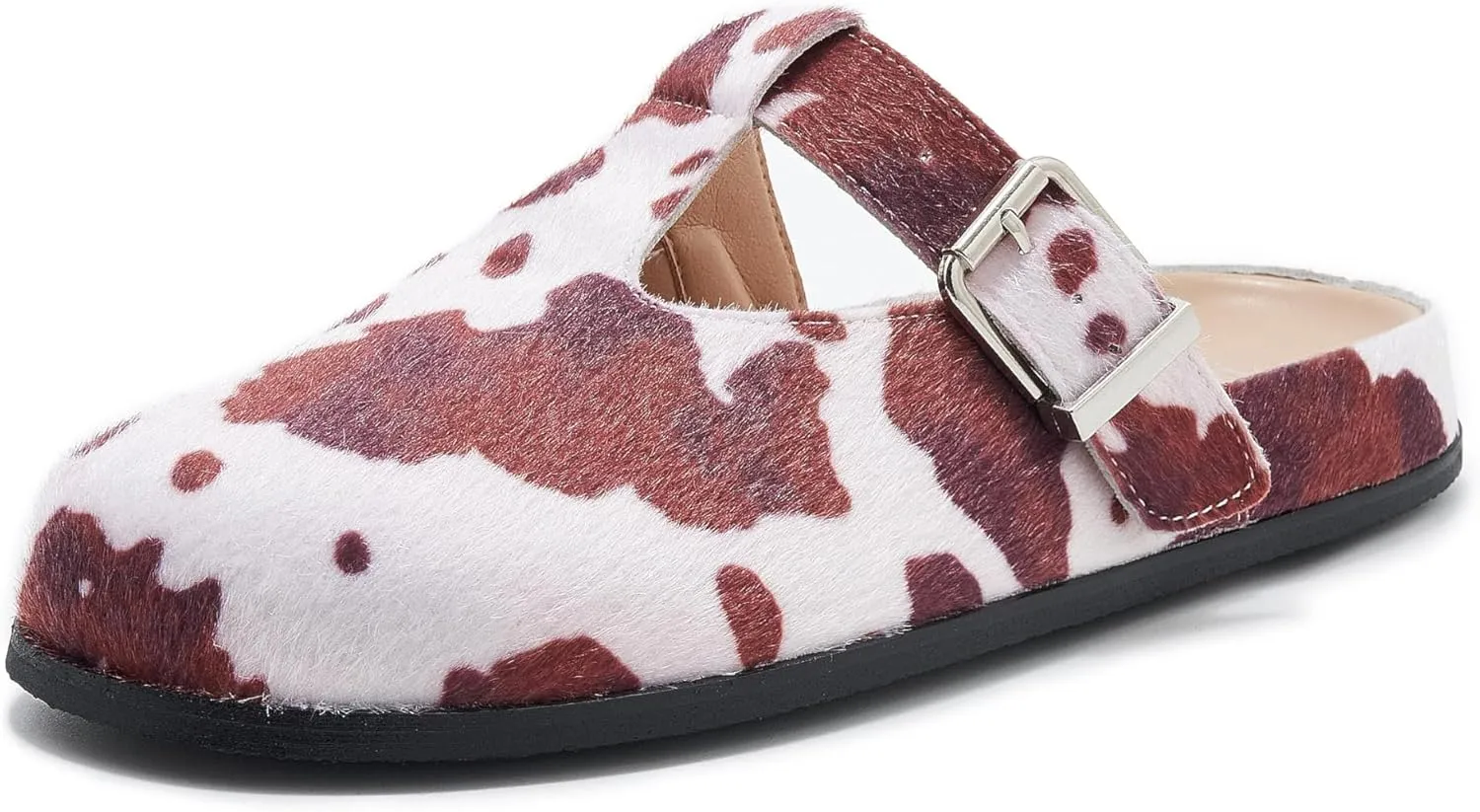 Leopard Faux Calf Hair Mules for Women Round Toe Buckle Strap Platform Clogs Footbed Flatform Mule with Arch Support