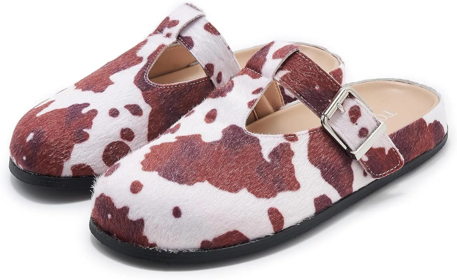 Leopard Faux Calf Hair Mules for Women Round Toe Buckle Strap Platform Clogs Footbed Flatform Mule with Arch Support