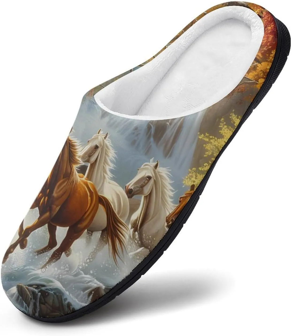 Life Mountain Stream Running Horse Wild Mens Slippers Casual Slip On Warm House Shoes with Rubber Sole Indoor Outdoor