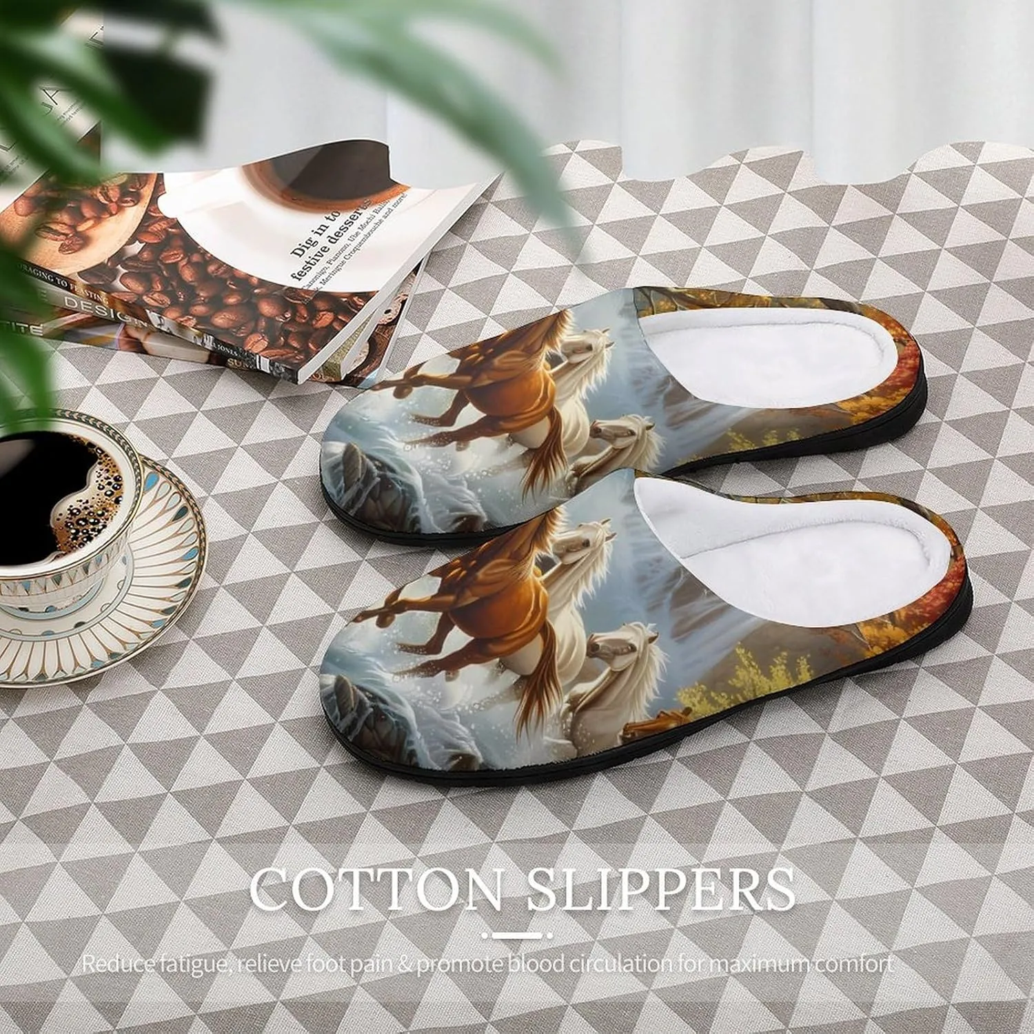 Life Mountain Stream Running Horse Wild Mens Slippers Casual Slip On Warm House Shoes with Rubber Sole Indoor Outdoor