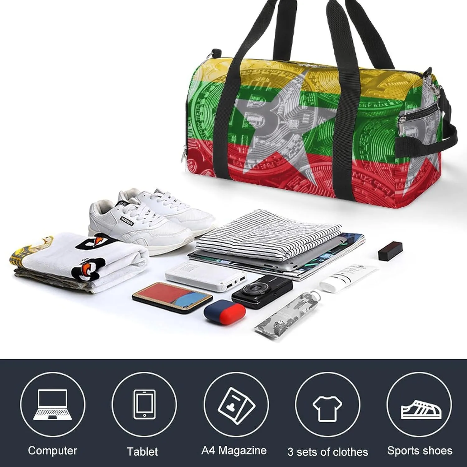 Lightweight Myanmar-Flag Bitcoin Gym Bag with Shoe Compartment Waterproof Duffel