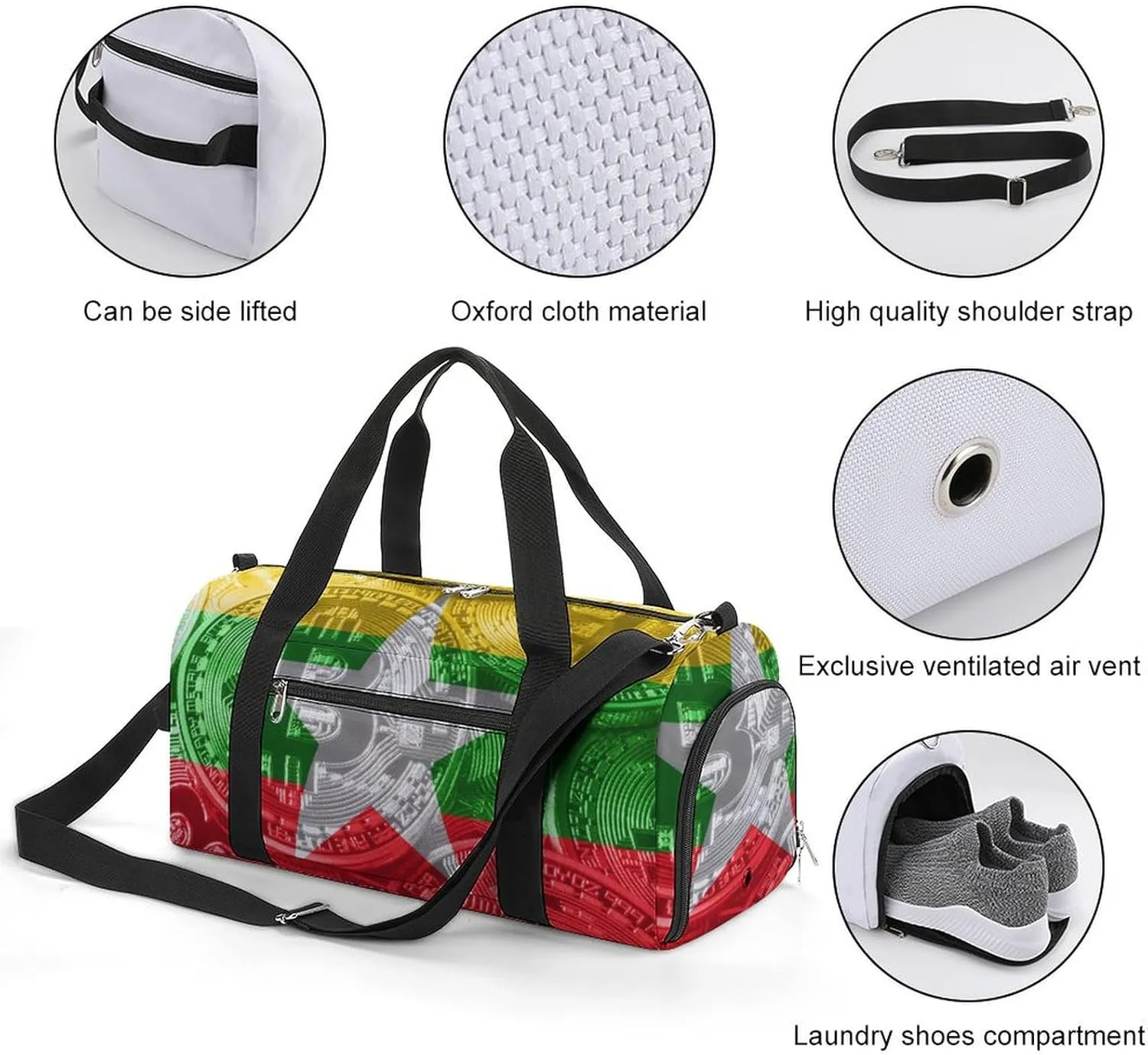 Lightweight Myanmar-Flag Bitcoin Gym Bag with Shoe Compartment Waterproof Duffel