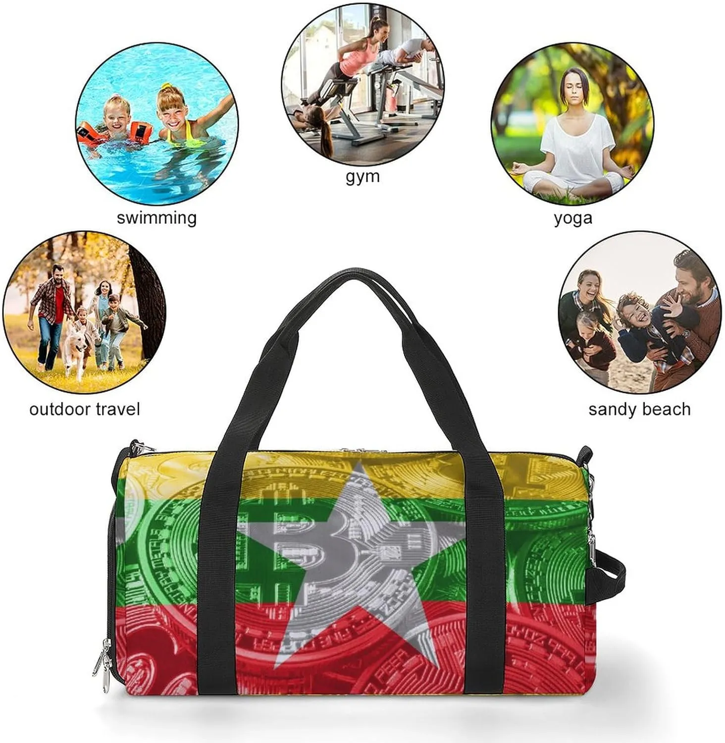 Lightweight Myanmar-Flag Bitcoin Gym Bag with Shoe Compartment Waterproof Duffel
