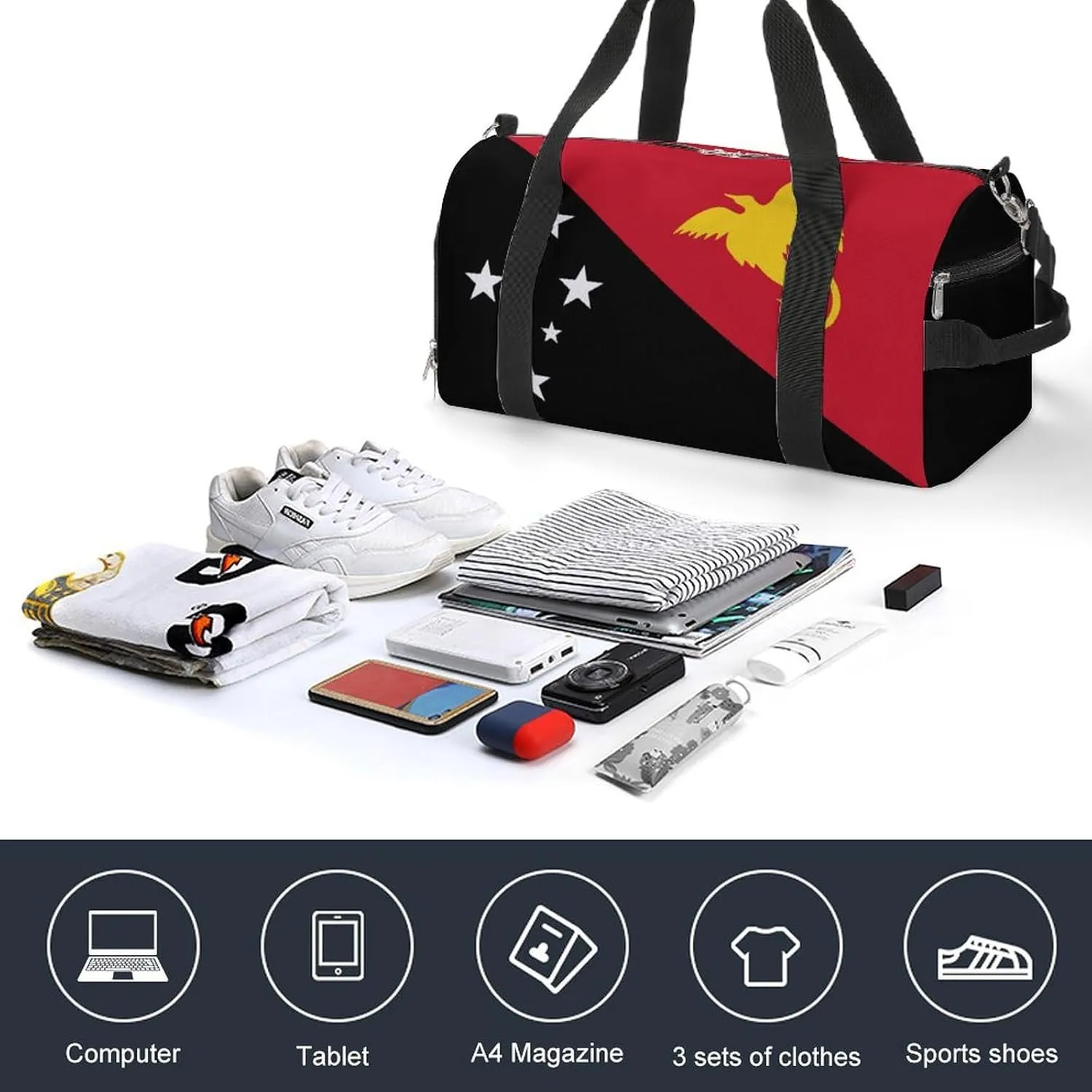 Lightweight Papua New Guinea Flag Duffel Bag for Boys Girls with Shoe Compartment