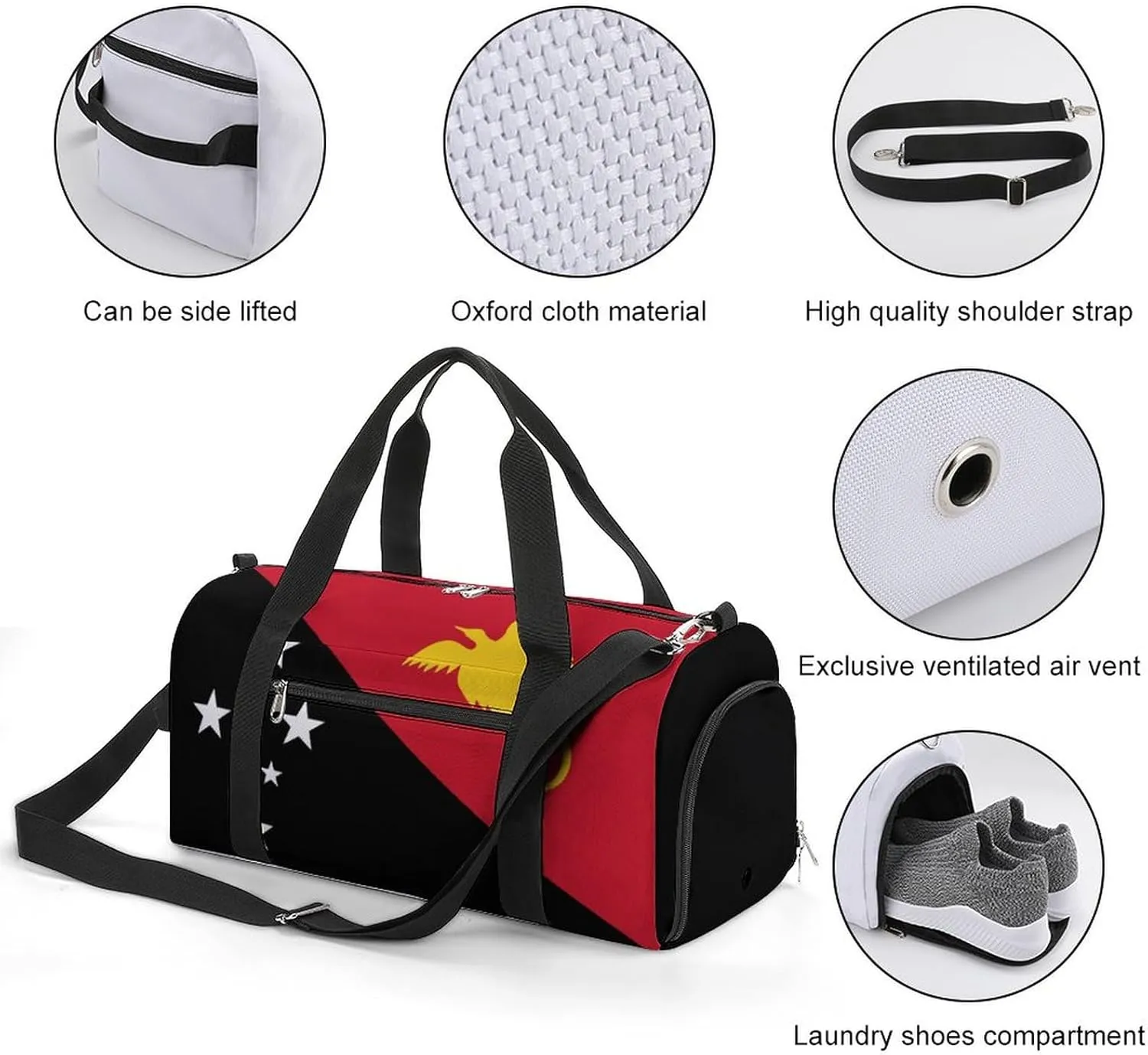 Lightweight Papua New Guinea Flag Duffel Bag for Boys Girls with Shoe Compartment