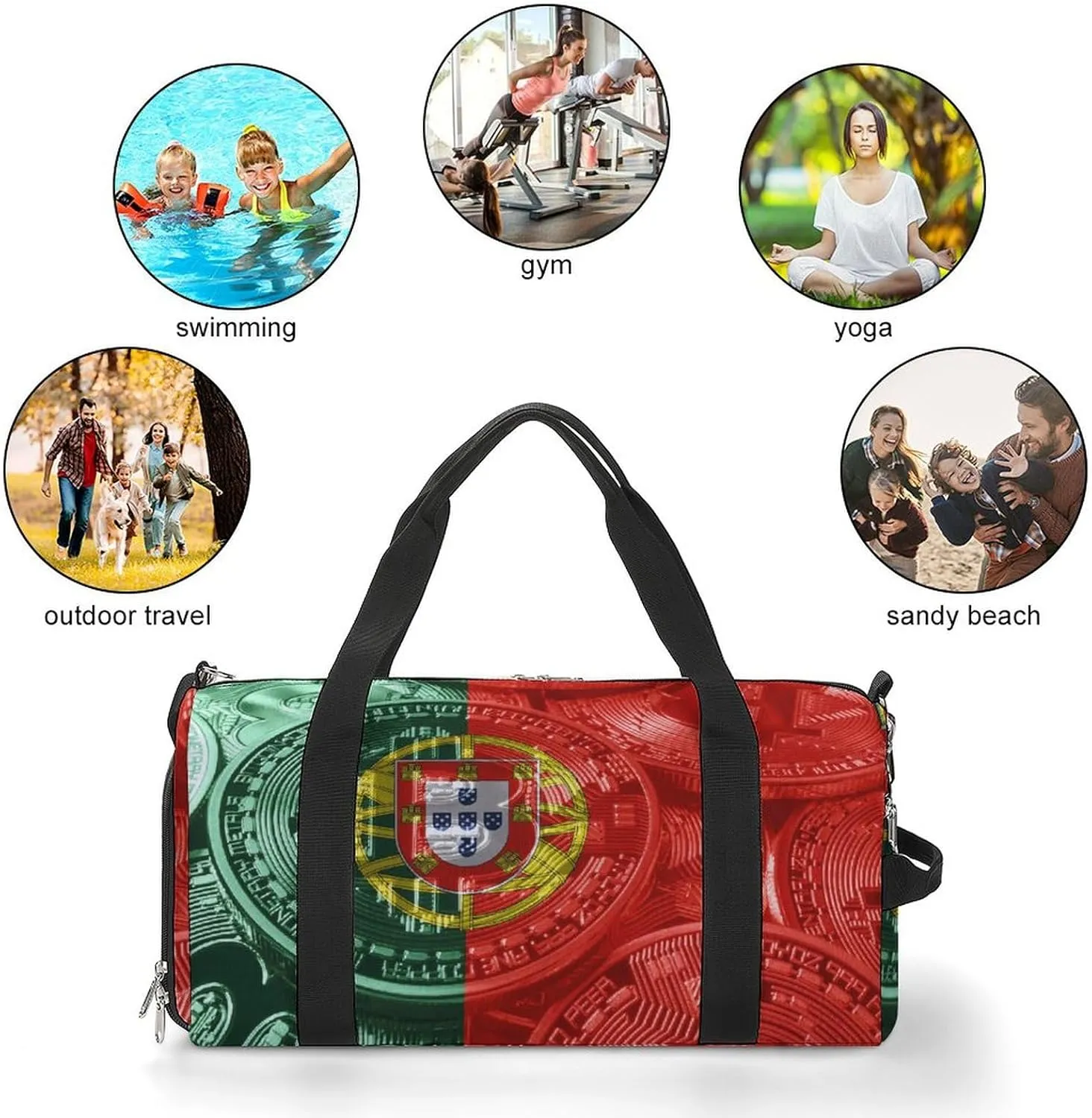 Lightweight Portugal Flag Bitcoin Gym Bag with Shoe Compartment Waterproof Duffel
