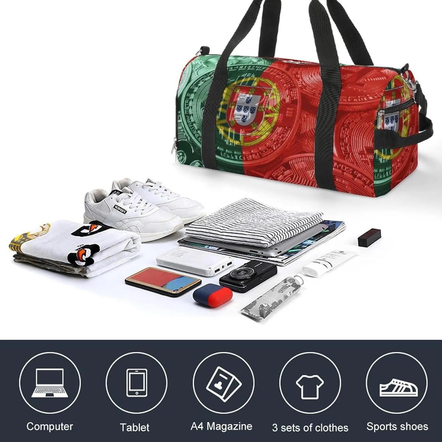 Lightweight Portugal Flag Bitcoin Gym Bag with Shoe Compartment Waterproof Duffel